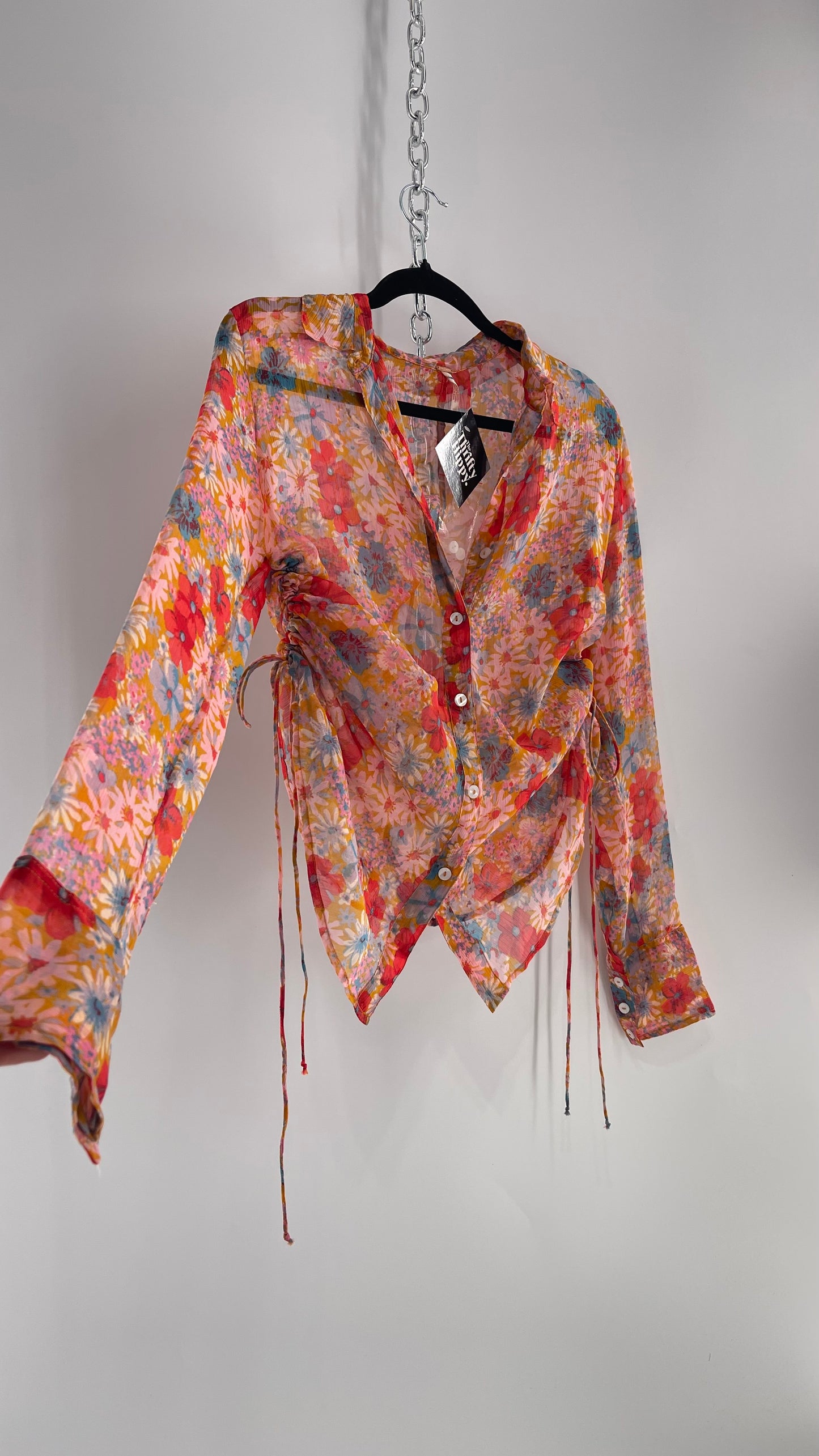 Free People Sheer Orange Floral Button Up with Ruched Sides (XS)