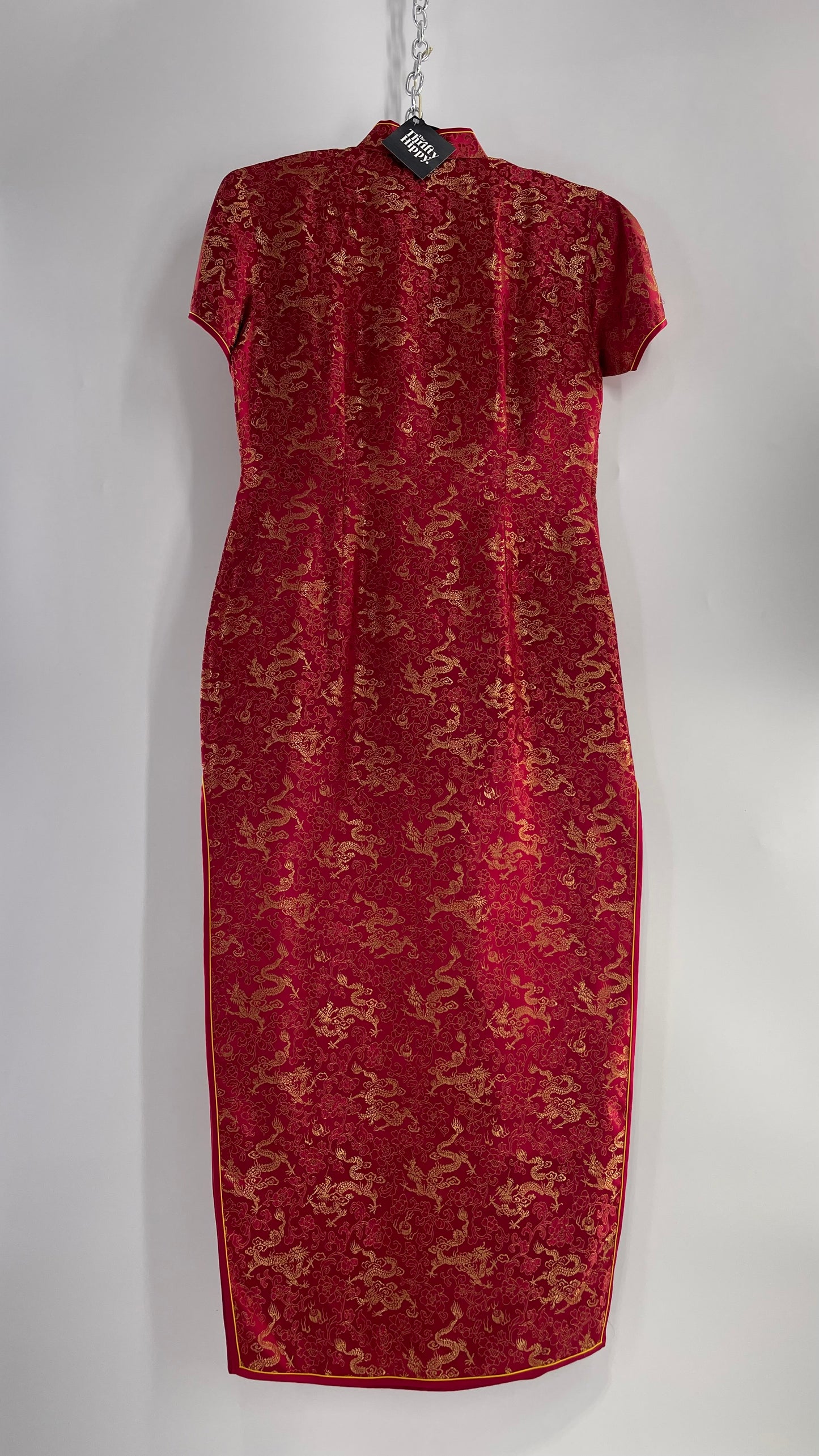 Vintage 1980s Chinese Red Silk Dragon Motif Printed/Embroidered Qipao (XL)