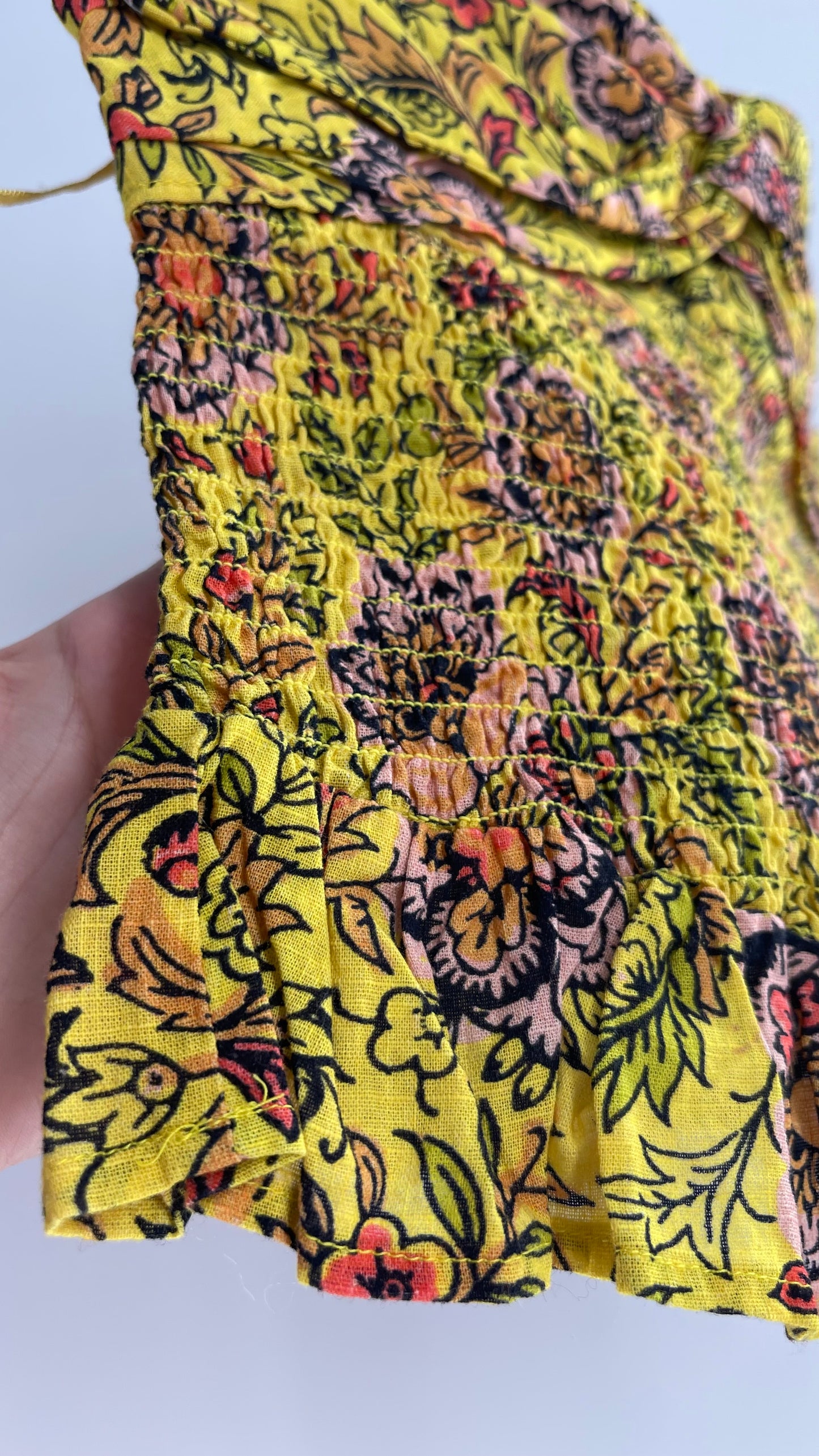 Free People Smocked Ruched Bust Yellow Floral Tube Top  (XS)