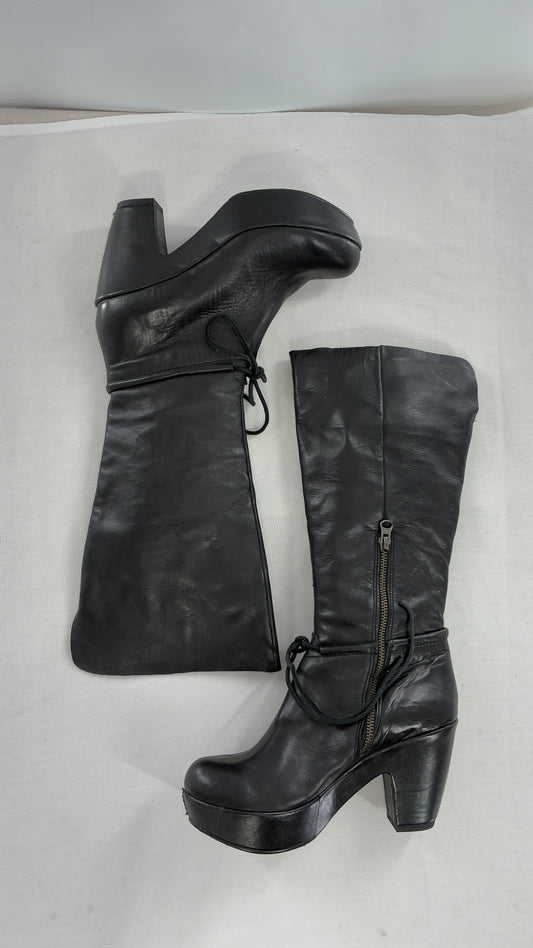 Vintage KORK EASE Black Genuine Leather Platform Clog, Knee High Boots (8/39)