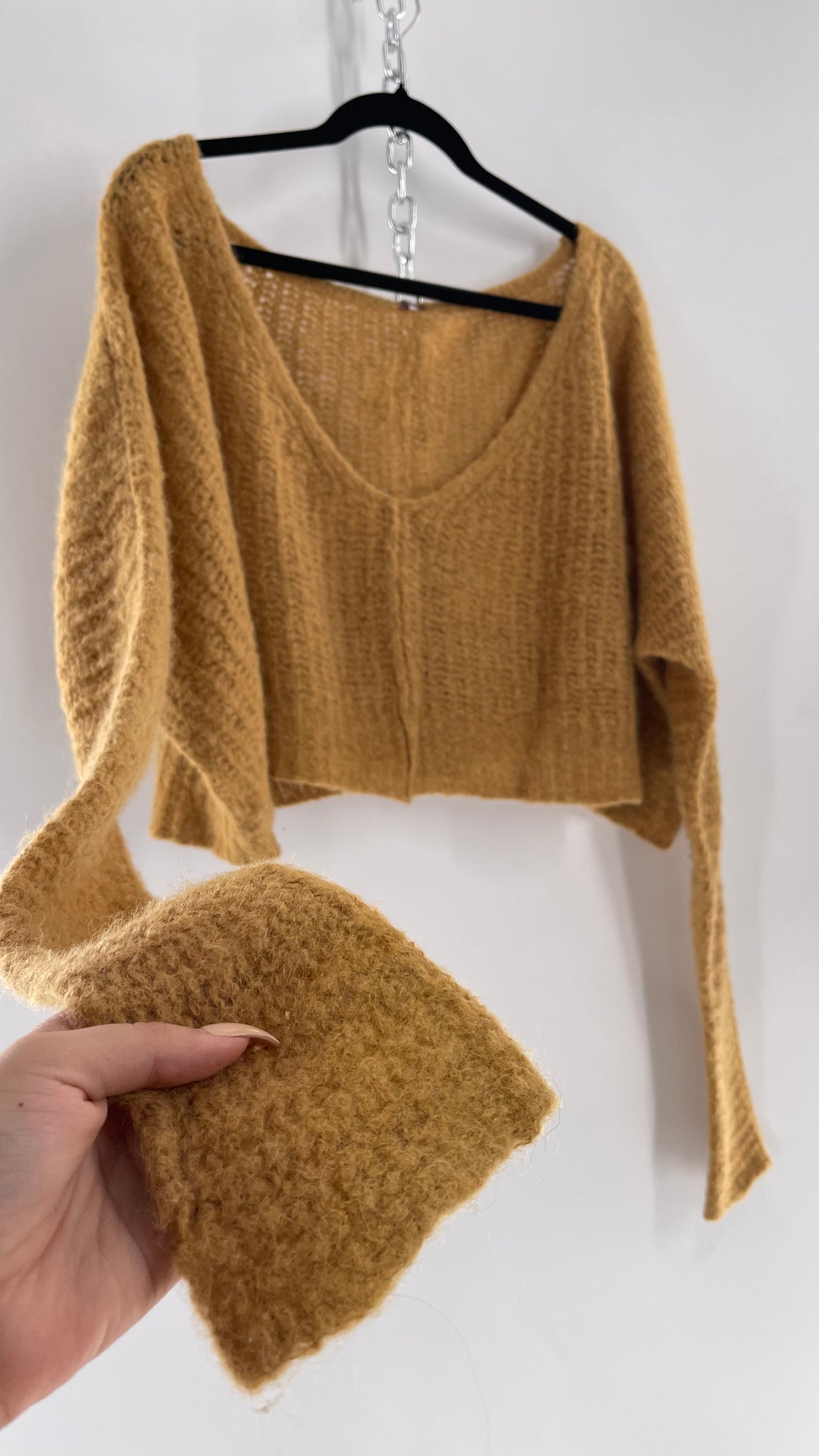 Free People Mustard Knit Cropped Sweater (XS) 88% Alpaca Fur