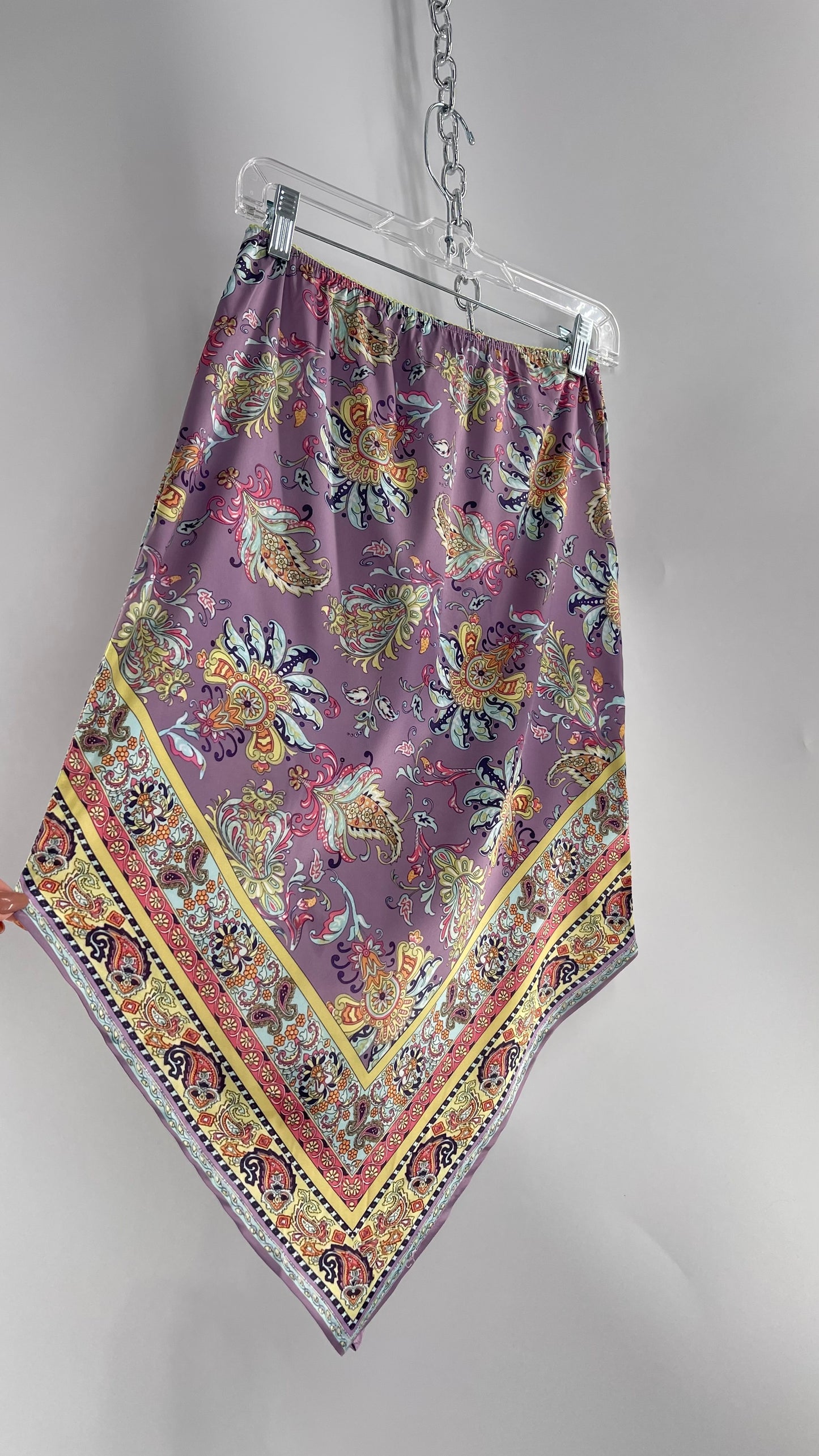 Urban Outfitters Lavender Satin Paisley Handkerchief Hem Skirt with Light Green Ribbon Waistline (Small)