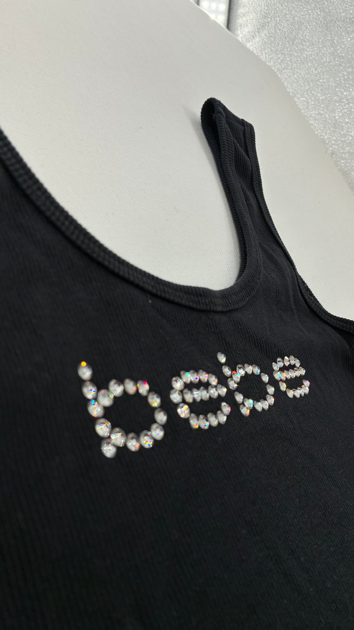 Vintage BEBE Black Ribbed Tank Top with Rhinestone Logo (XS)
