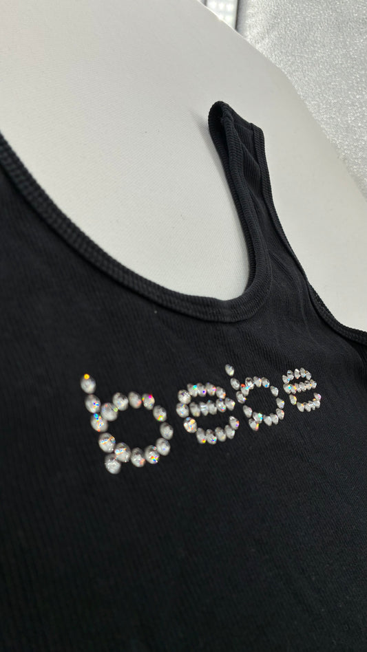 Vintage BEBE Black Ribbed Tank Top with Rhinestone Logo (XS)