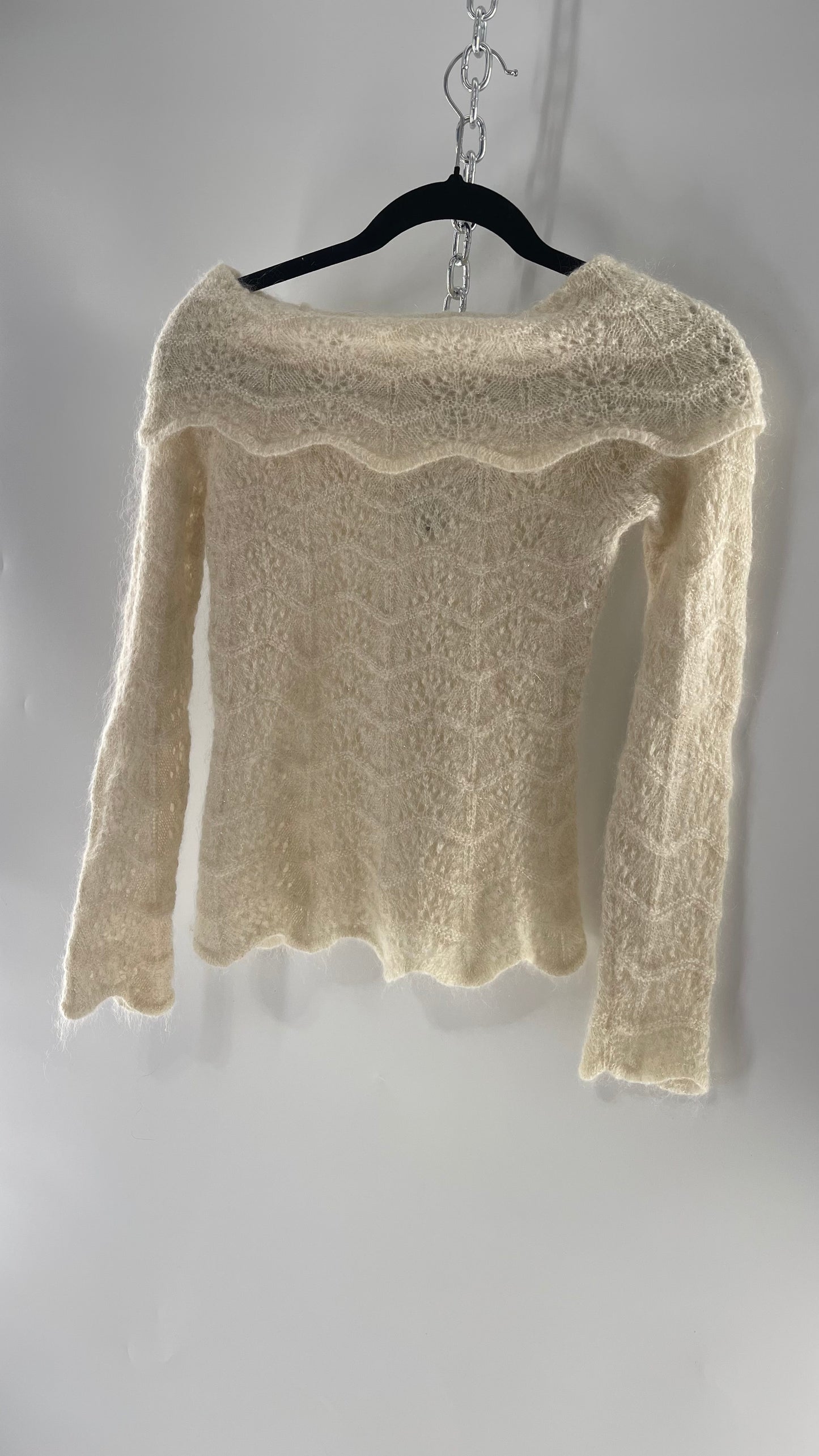 Vintage Ivory Off White Lace Knit Off the Shoulder Sweater Top (Medium)