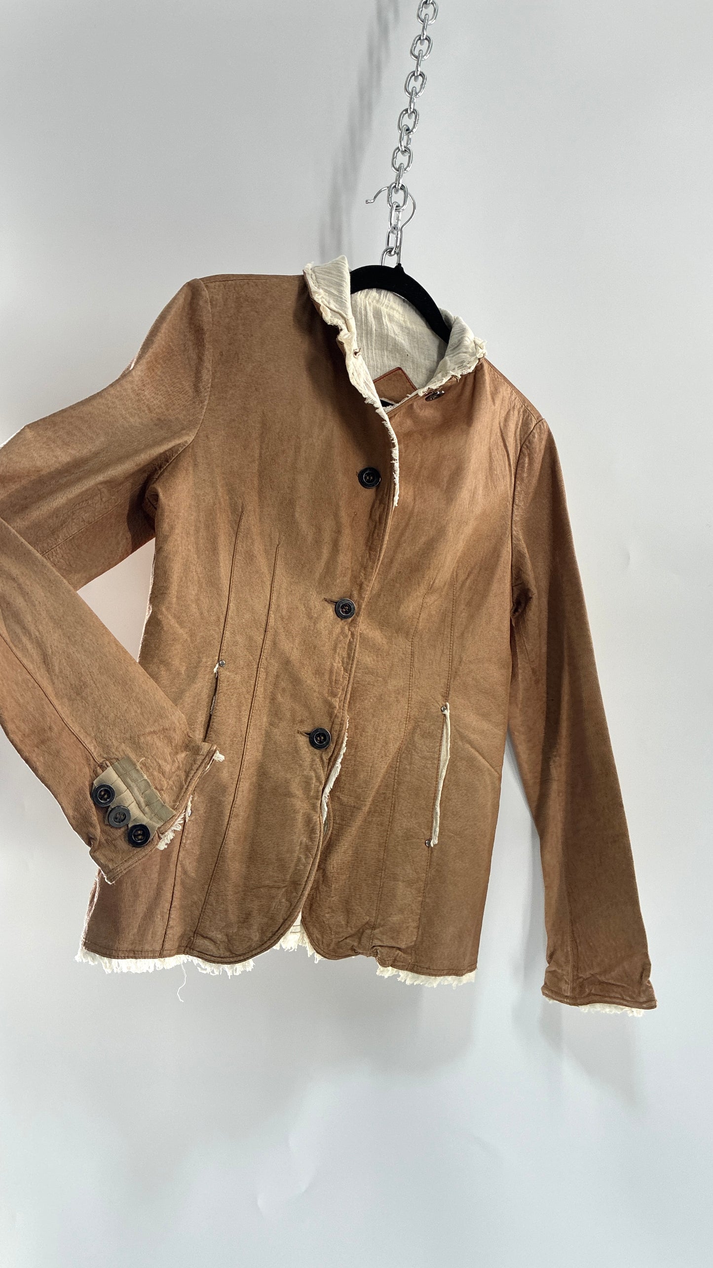 Vintage JAKETT Tan Leather Jacker with Cotton Raw Edge Trim+ Lining and buttoned Cuffs (Medium)
