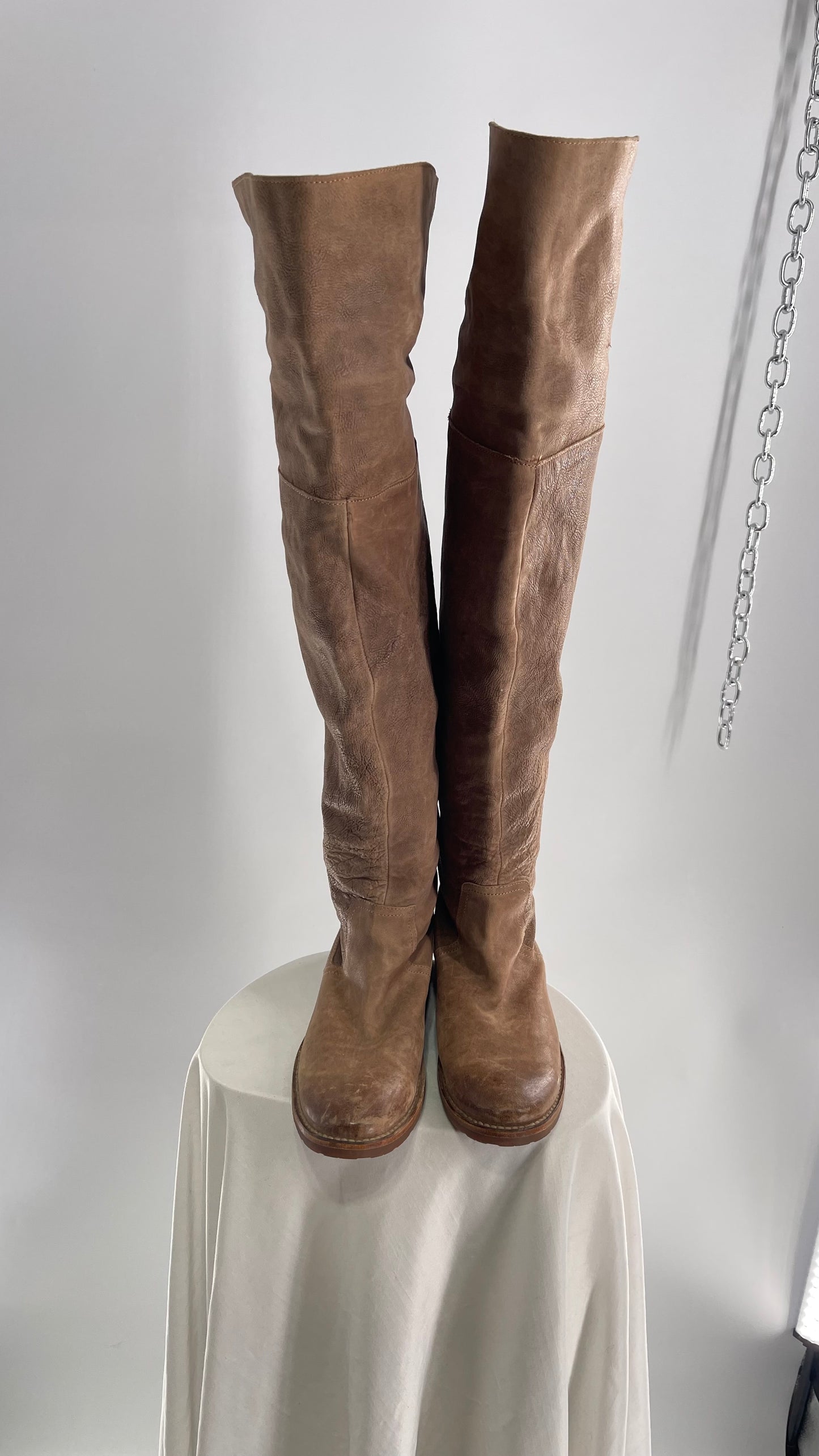 Frye Taupe Leather Over the Knee Fold Over Celia Boots (8)