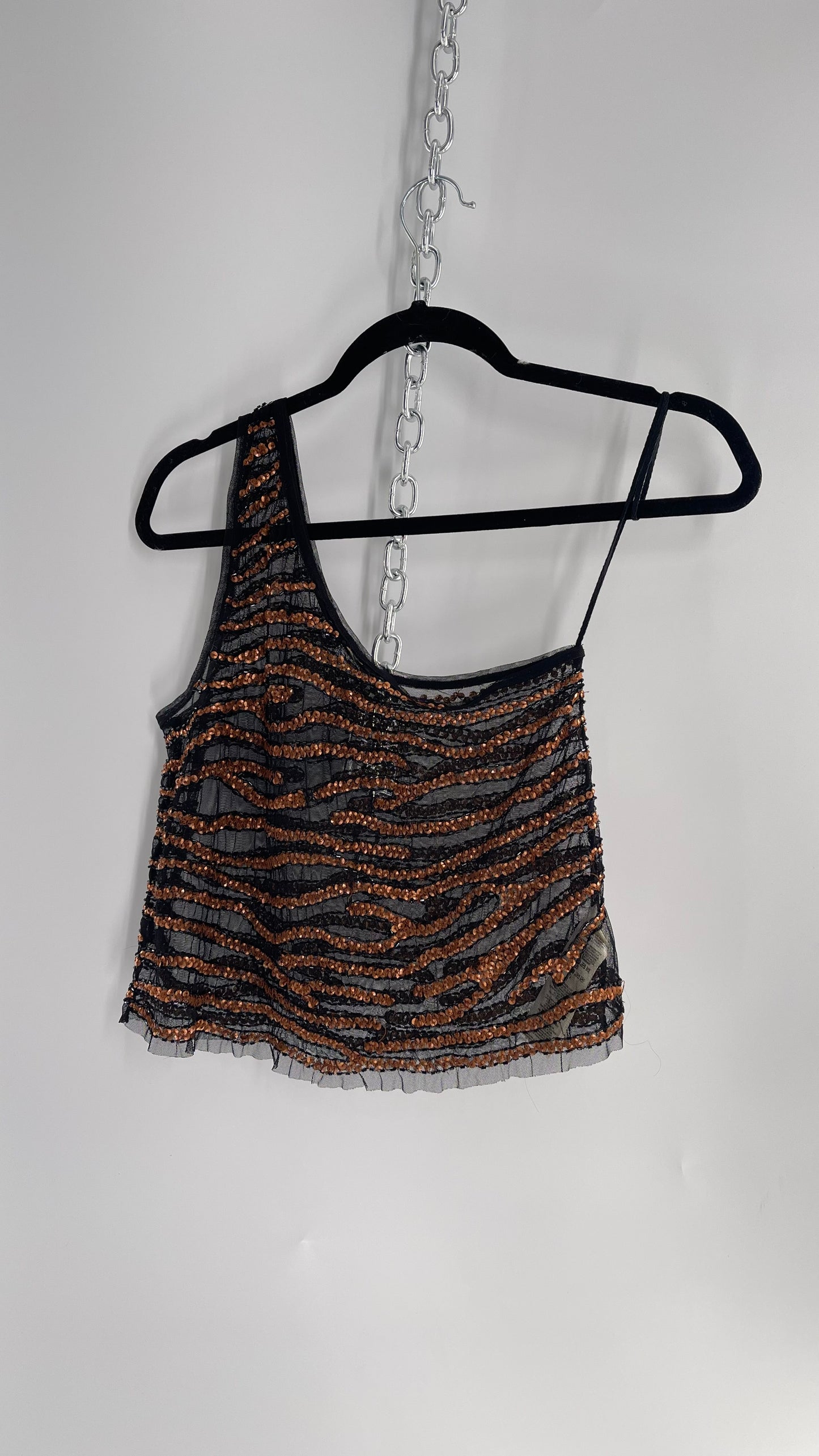 Free People Black Mesh One Shoulder Blouse with Copper Zebra Patterned Sequins (XS)