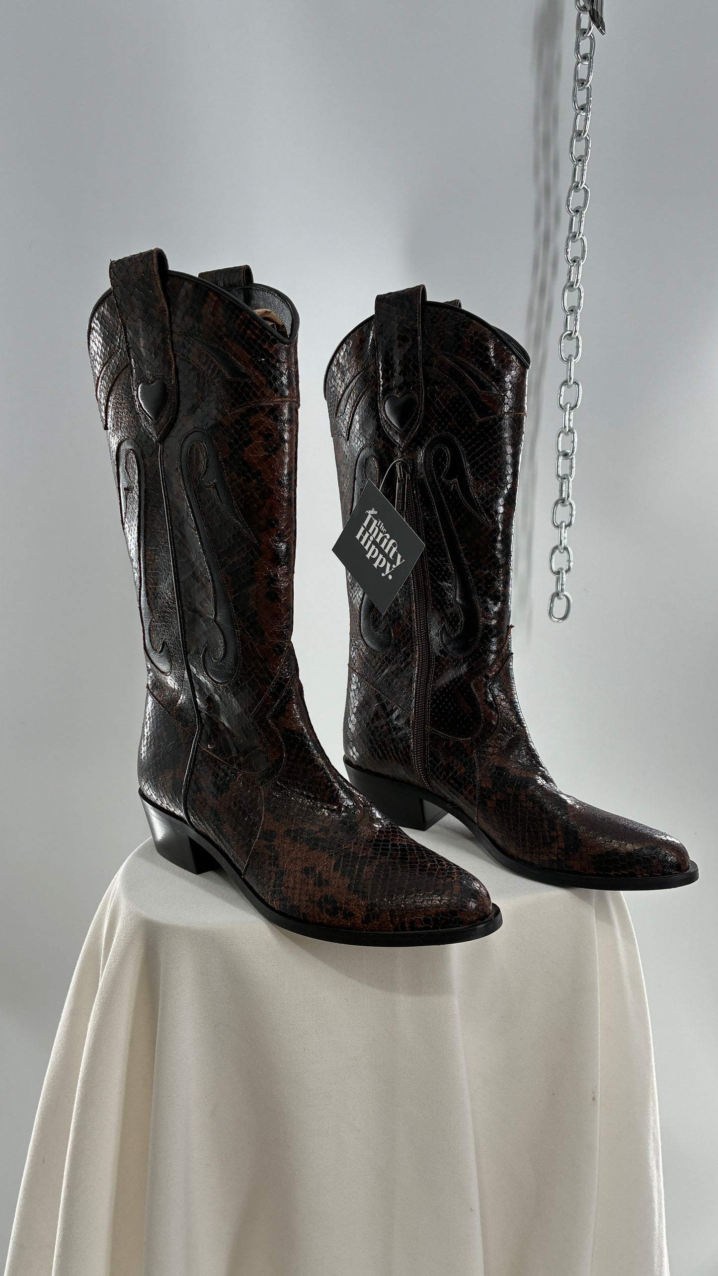 Vintage LABLANC Snakeskin Cowboy Boots with Hearts Made in Italy (36)