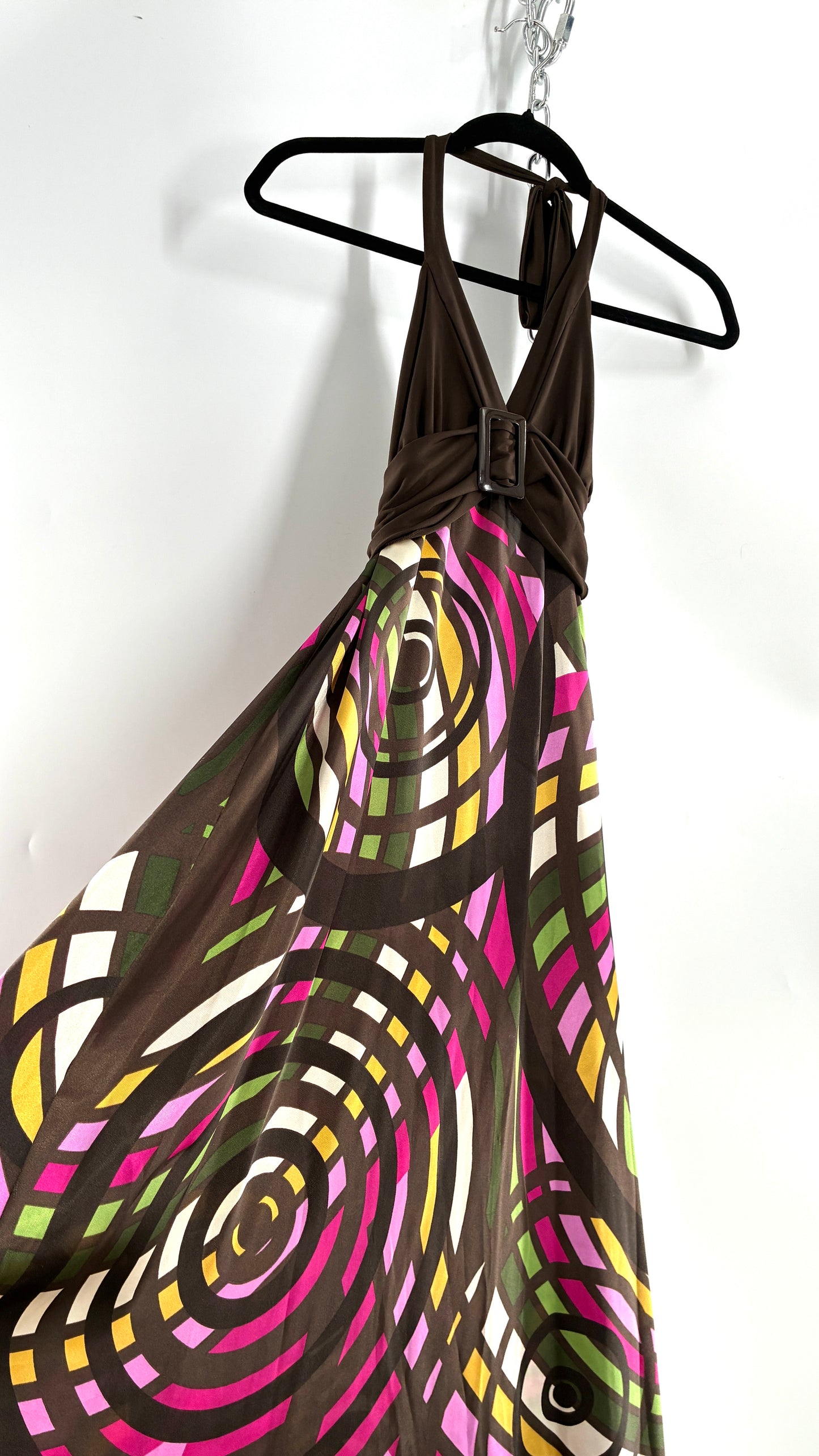 Vintage Candies Brown Patterned Gown with Belted Bust and Halter Neckline (Medium)