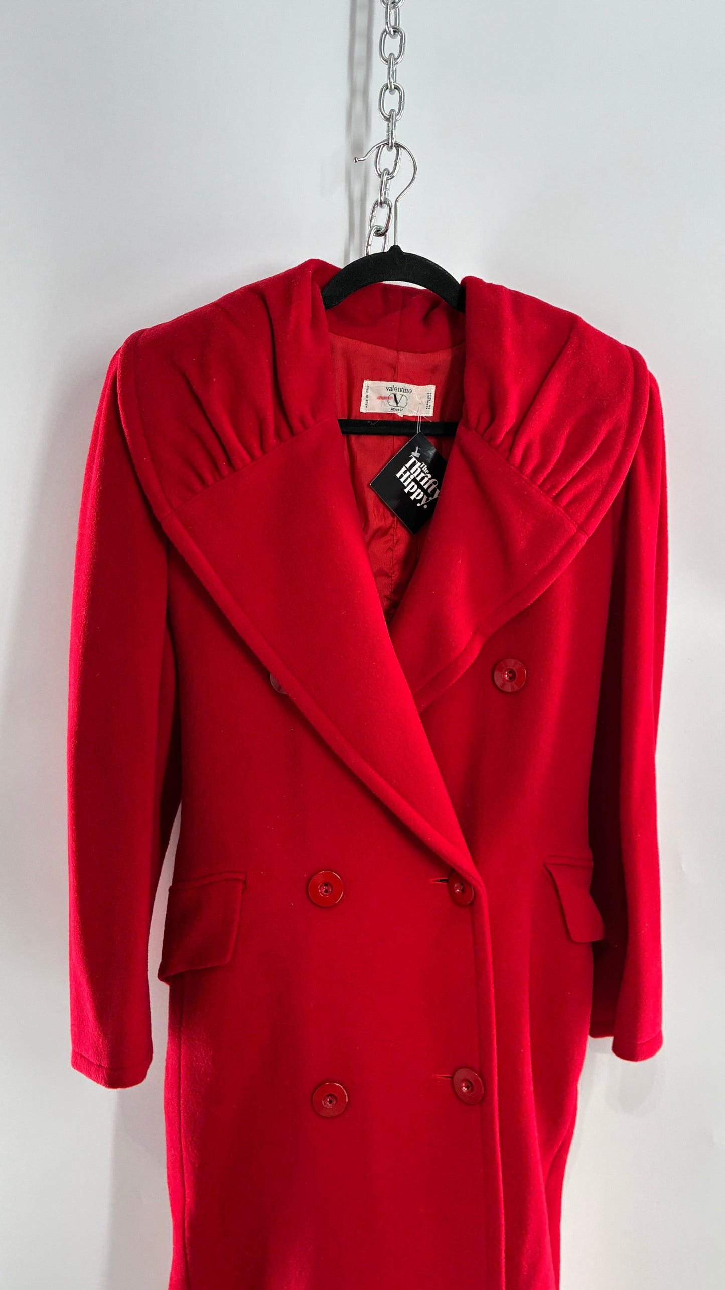 Vintage VALENTINO Miss V Red Sweeping, Tie Back and Pleated/Draped Collar Coat