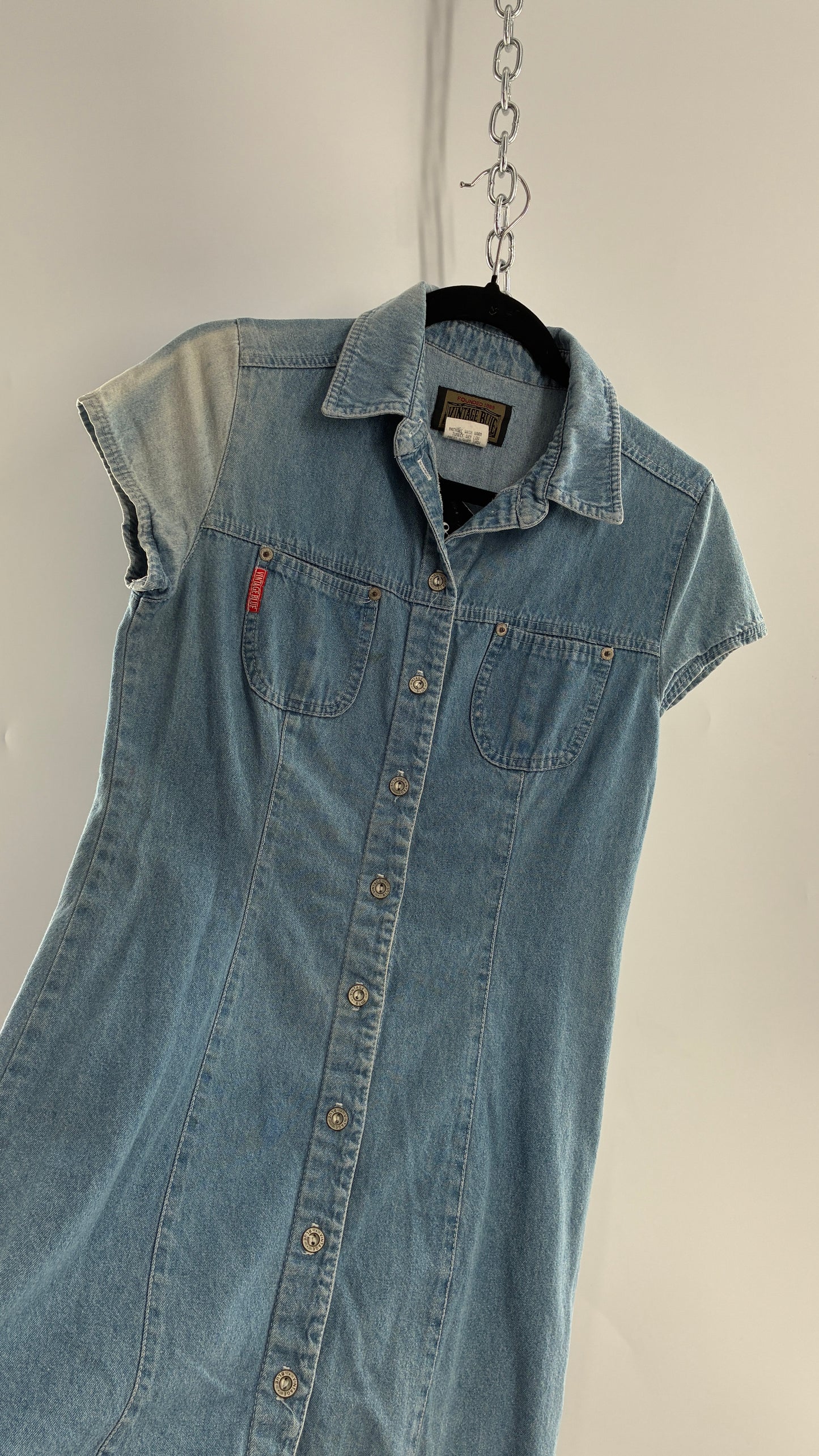 Vintage VINTAGE BLUE Light Wash Denim Button Front Micro Mini Dress (7)