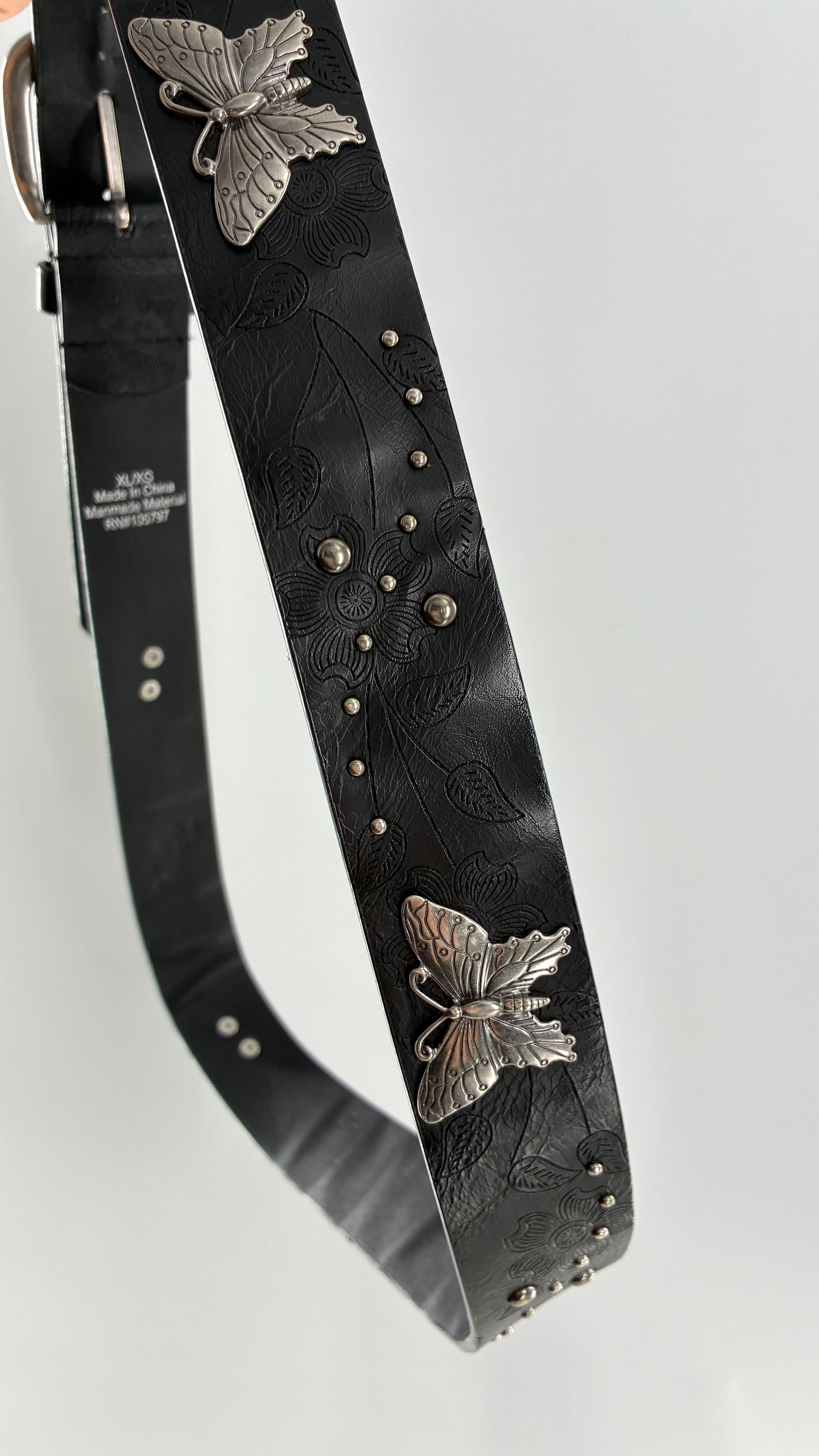 Vintage Distressed Black Embossed Belt with Silver Metal Butterfly Medallions (XL)