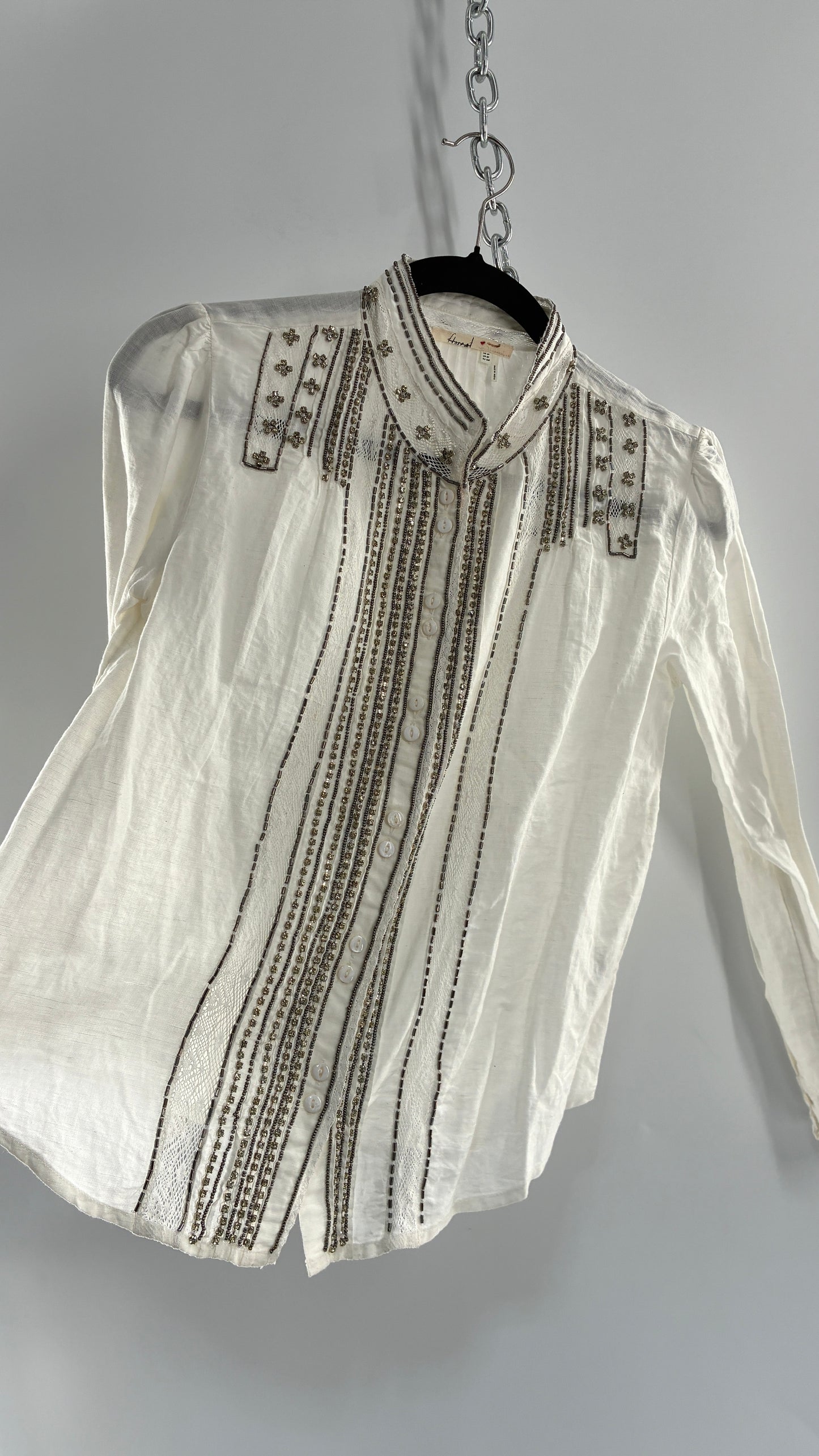 Anthropologie FLOREAT Linen Cotton White Button Up with Lace and Rhinestone Details (4P)