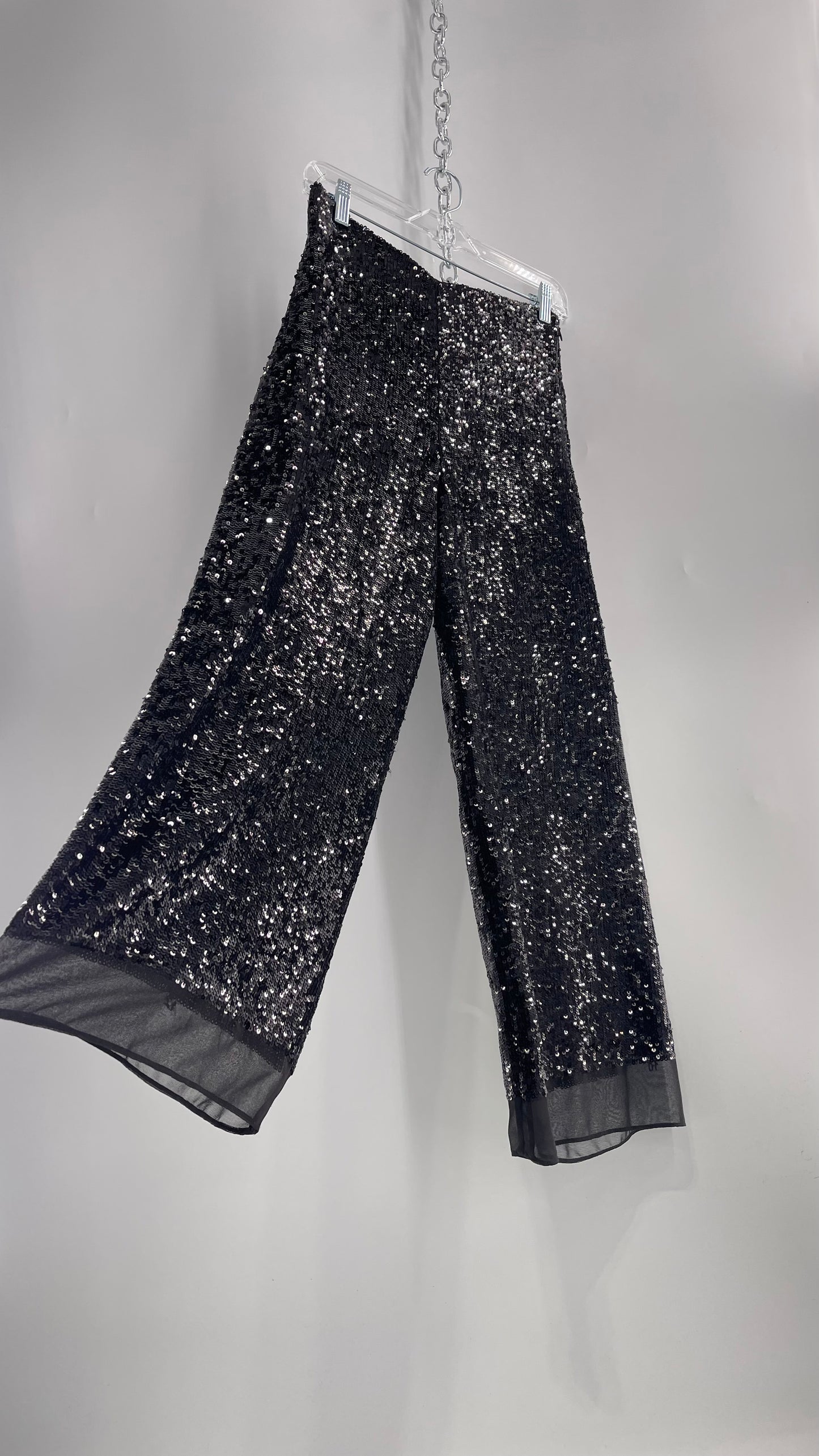 ZARA STUDIO Black Sequin Pijama Trouser with Chiffon Hem and Ribbon Lined Waist (Medium)