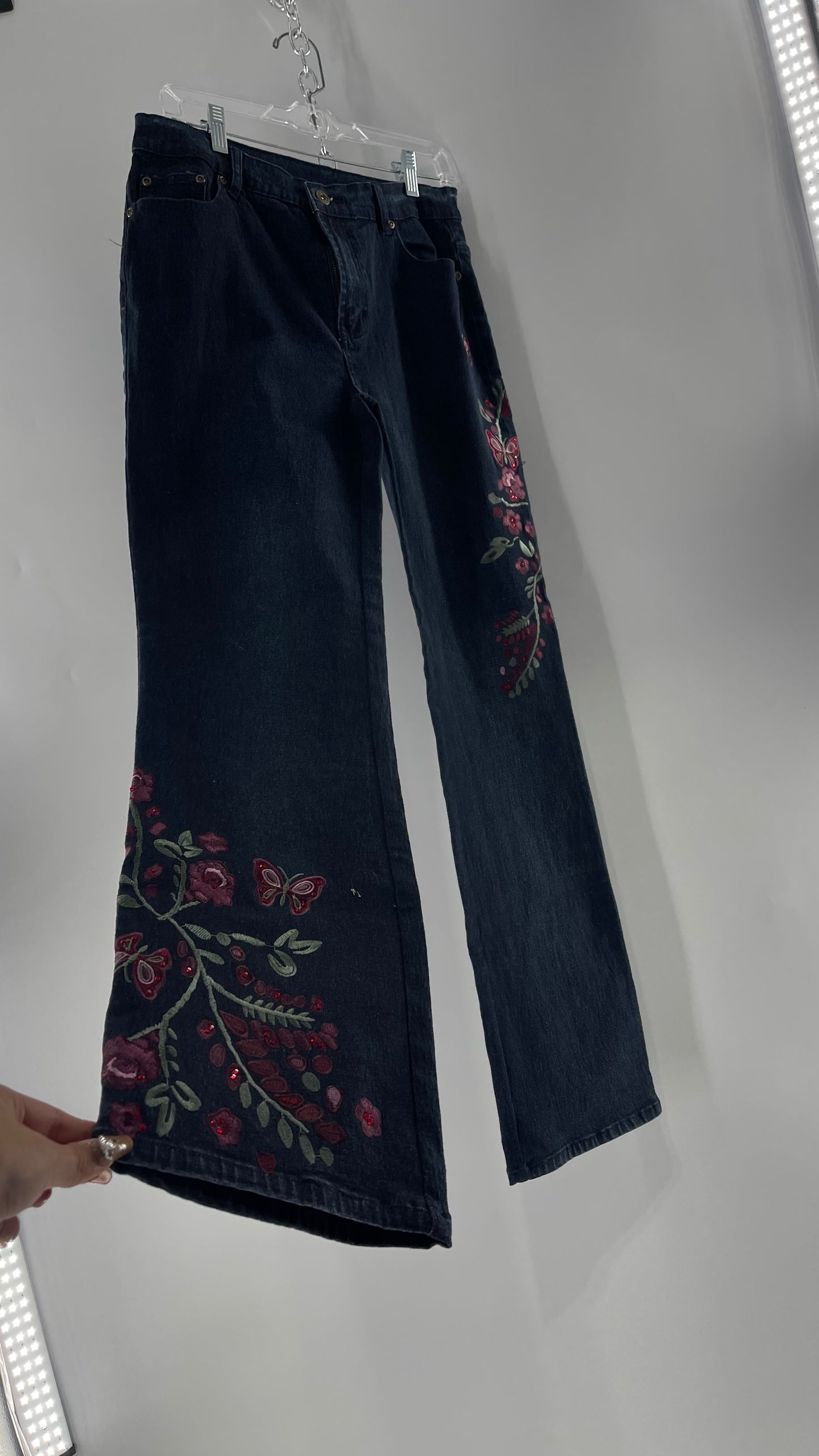 Diane Gilman Dark Wash Embroidered Embellished Butterfly Kickflare Jeans (8)