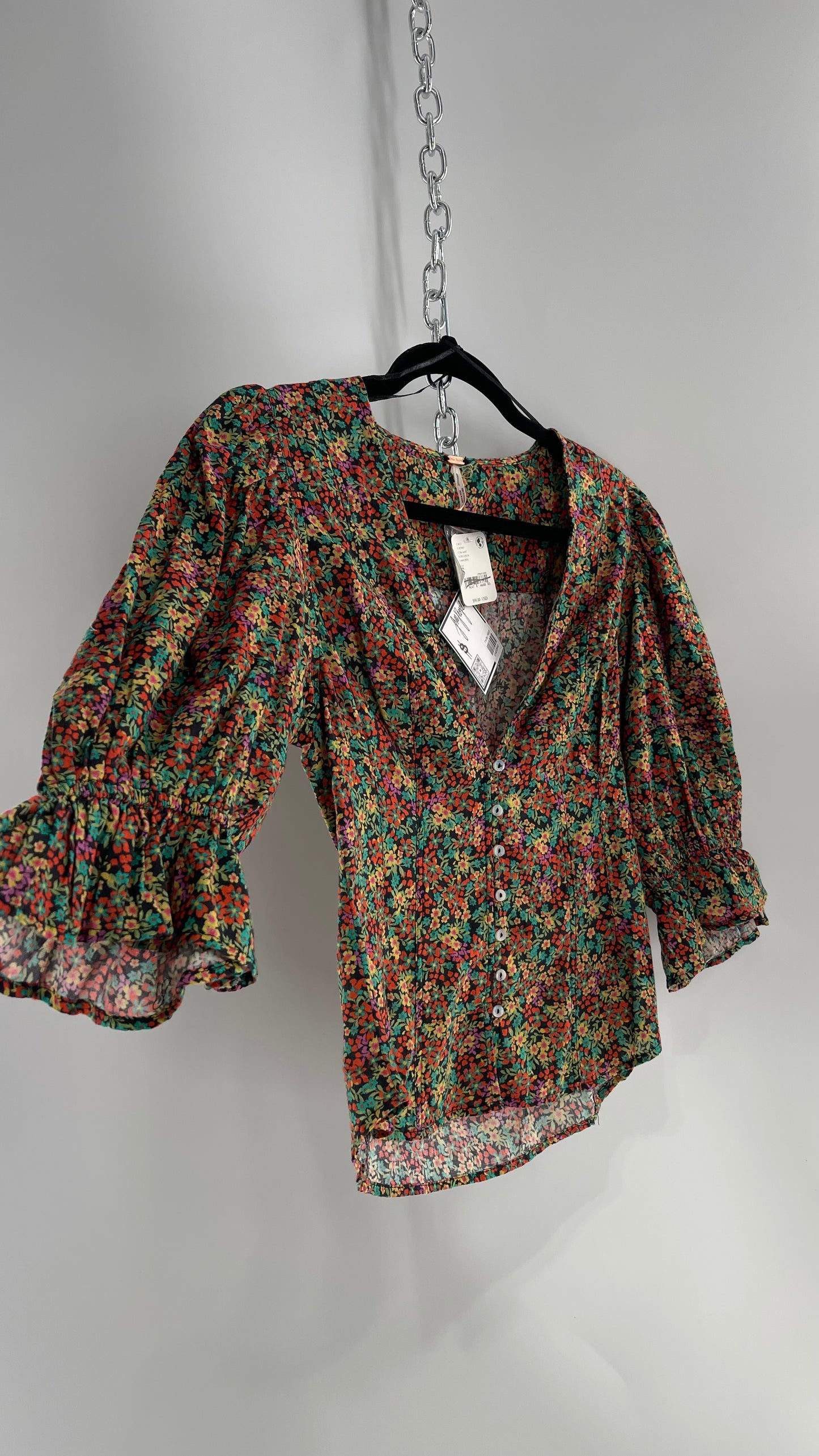 Free People 100% Cotton Colorful Florals Blouse with Deep V, Puff Sleeves, Button Front, and Tags Attached  (Small)