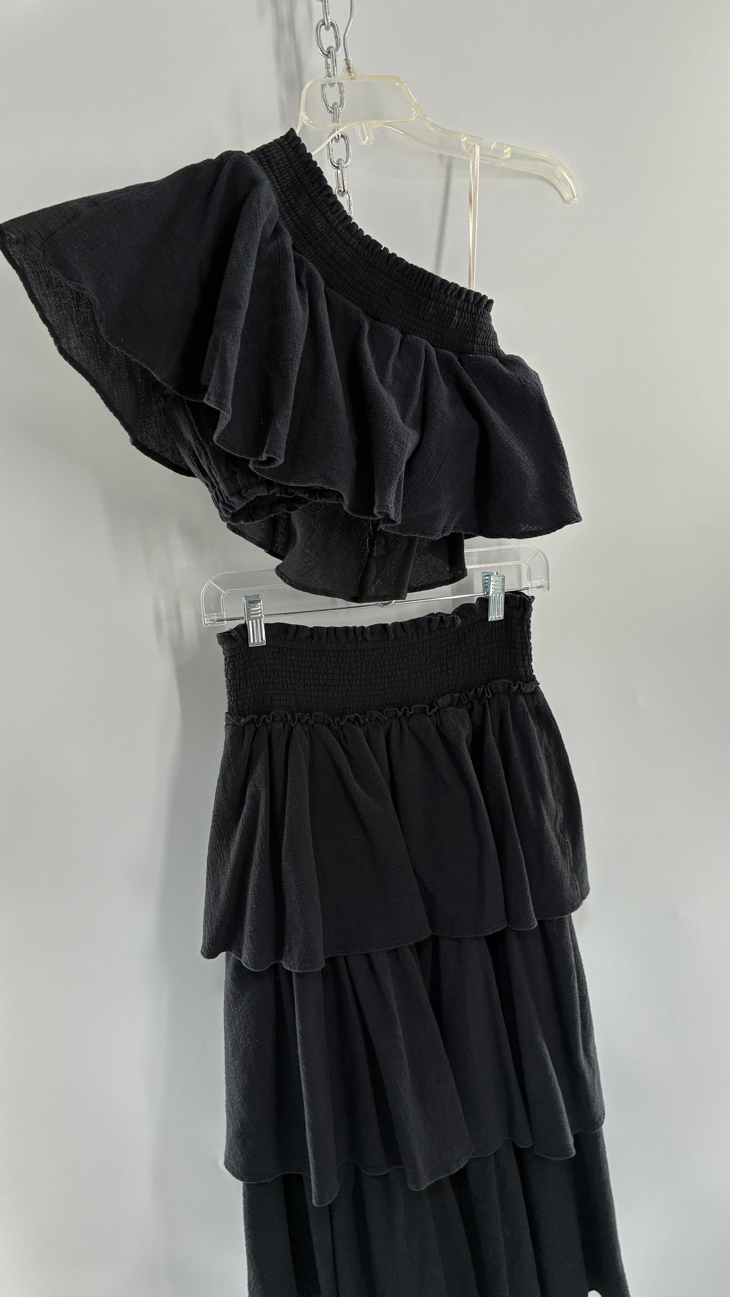 Free People Black Ruffled One Shoulder Top and Ruffled Full Length Skirt Set (XS/S)