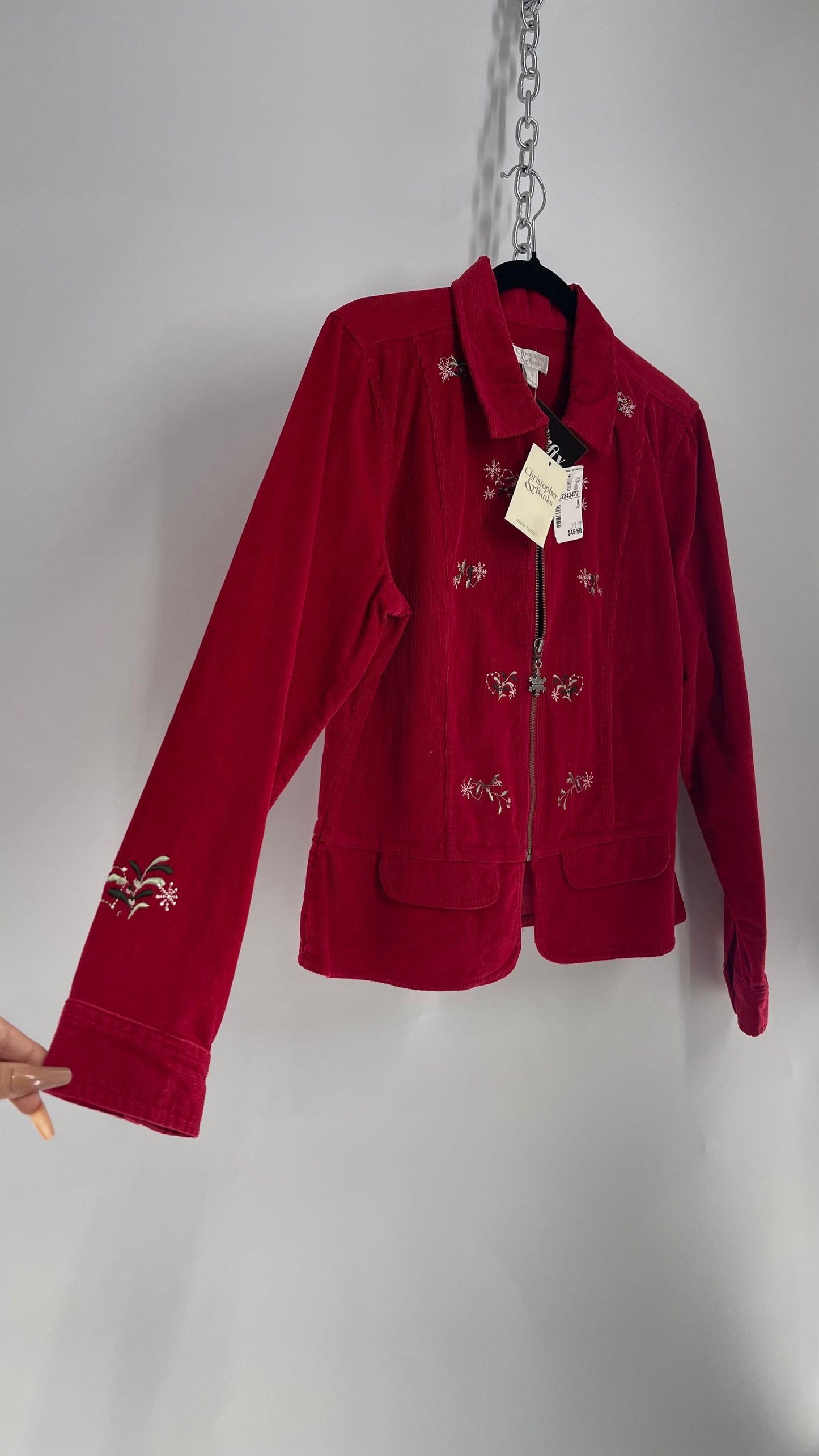 Vintage 1990s Red Corduroy Zip Front Holiday Jacket with Embroidery and Tags Attached (Medium)