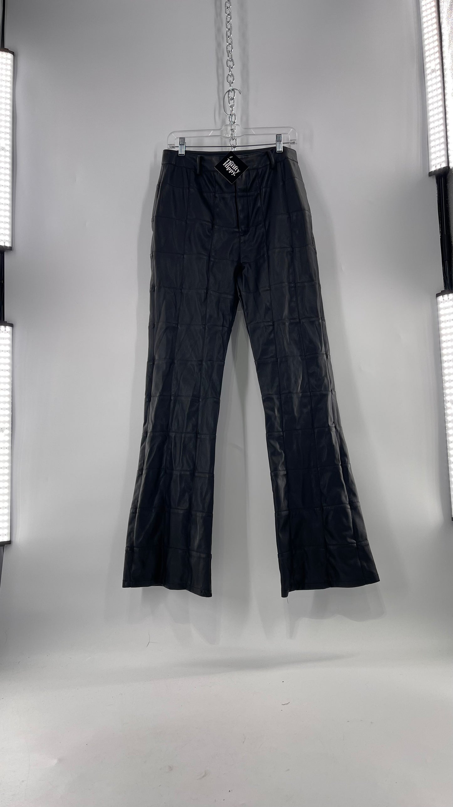 MOTEL Black Faux Leather Checkered Kick Flares (XL)