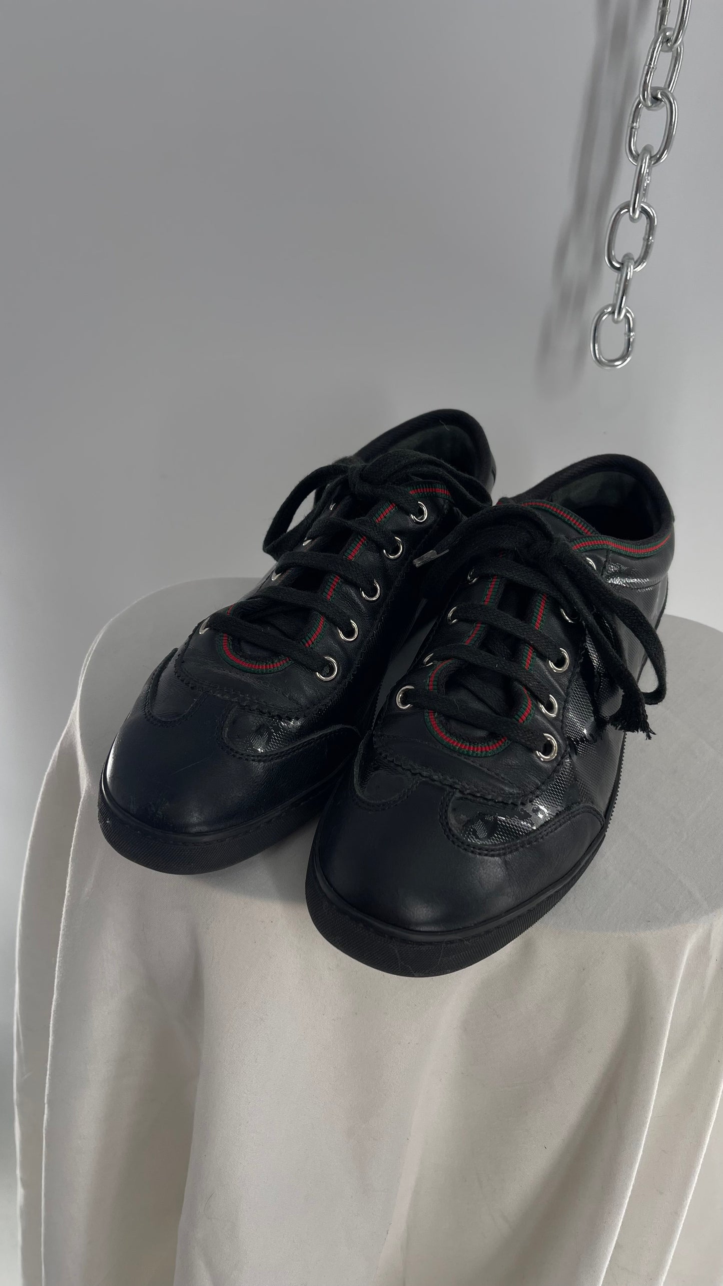 Vintage GUCCI Worn Black Leather Monogram Low Top Sneakers with Red/Green Iconic Trim (37)