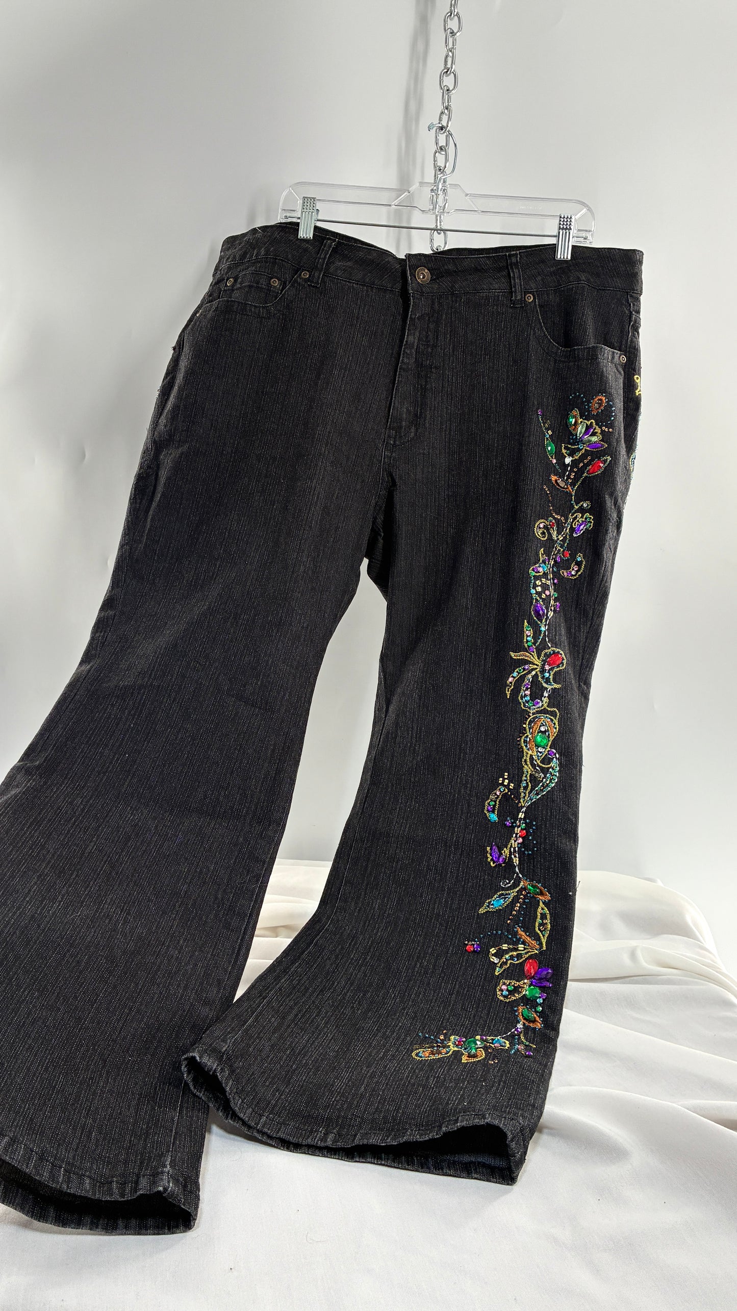 Vintage Grainy Black Denim with Hip to Hem Gemstones and Embroidery (22W)