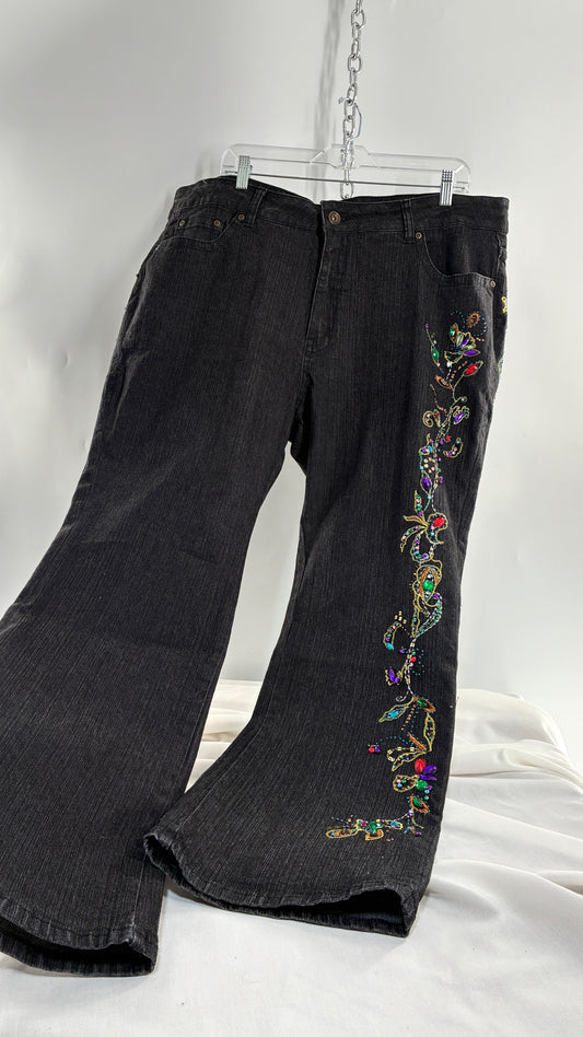 Vintage Grainy Black Denim with Hip to Hem Gemstones and Embroidery (22W)