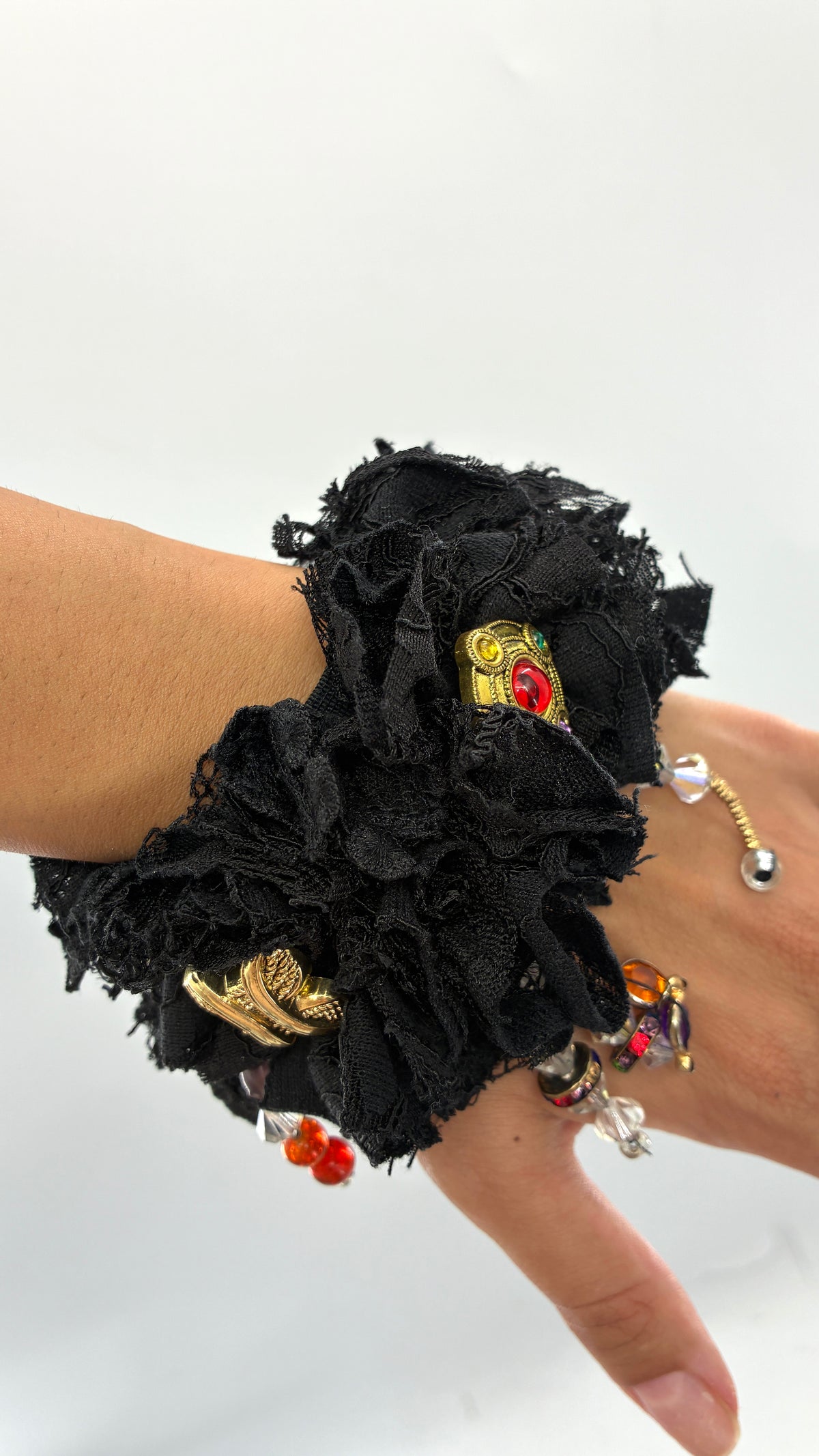 Handmade Black Rosette & Eclectic Charm Statement Cuff