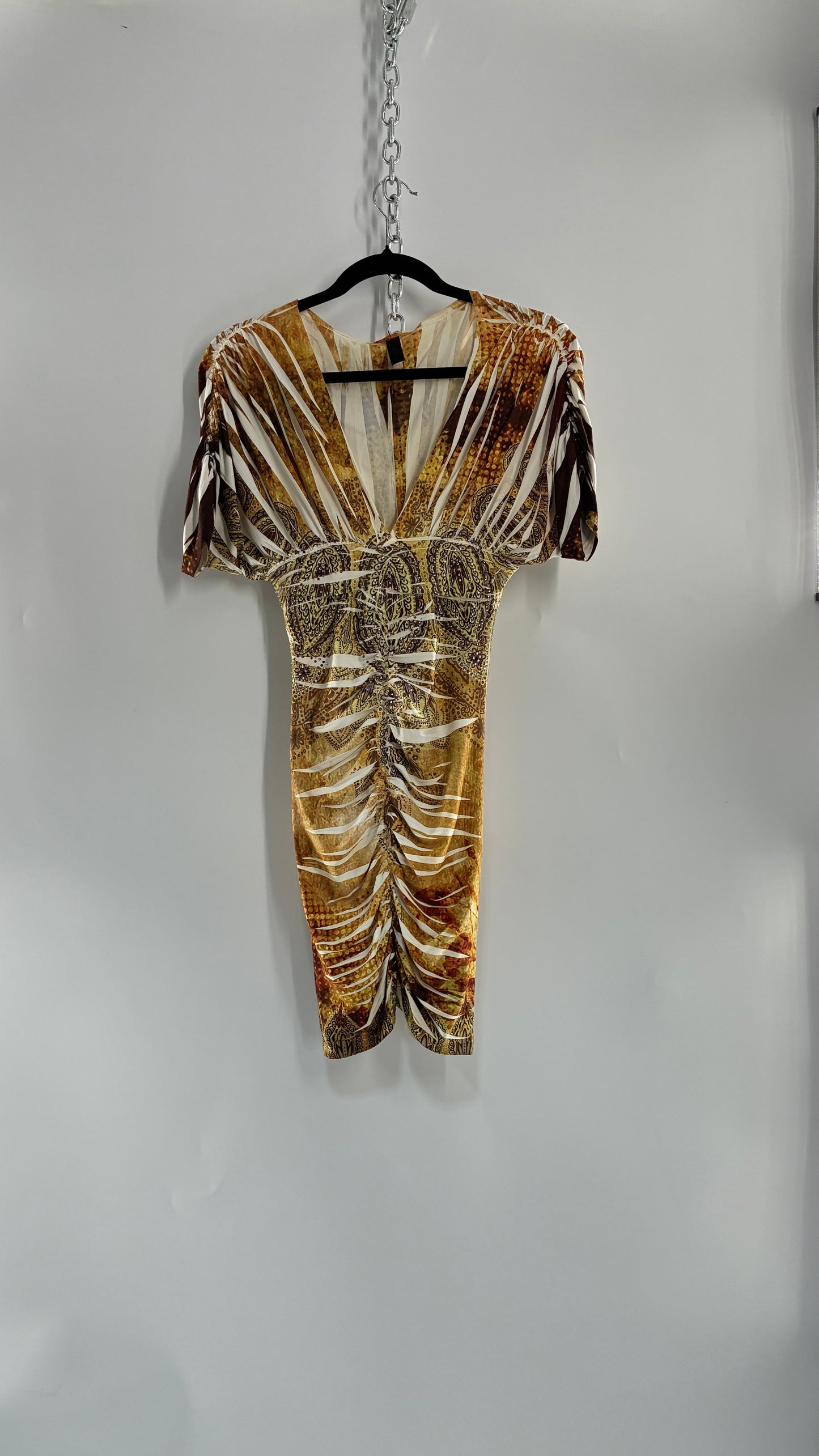 Vintage Bodycon Gold Graphic Mini Dress with Rhinestones (Small)