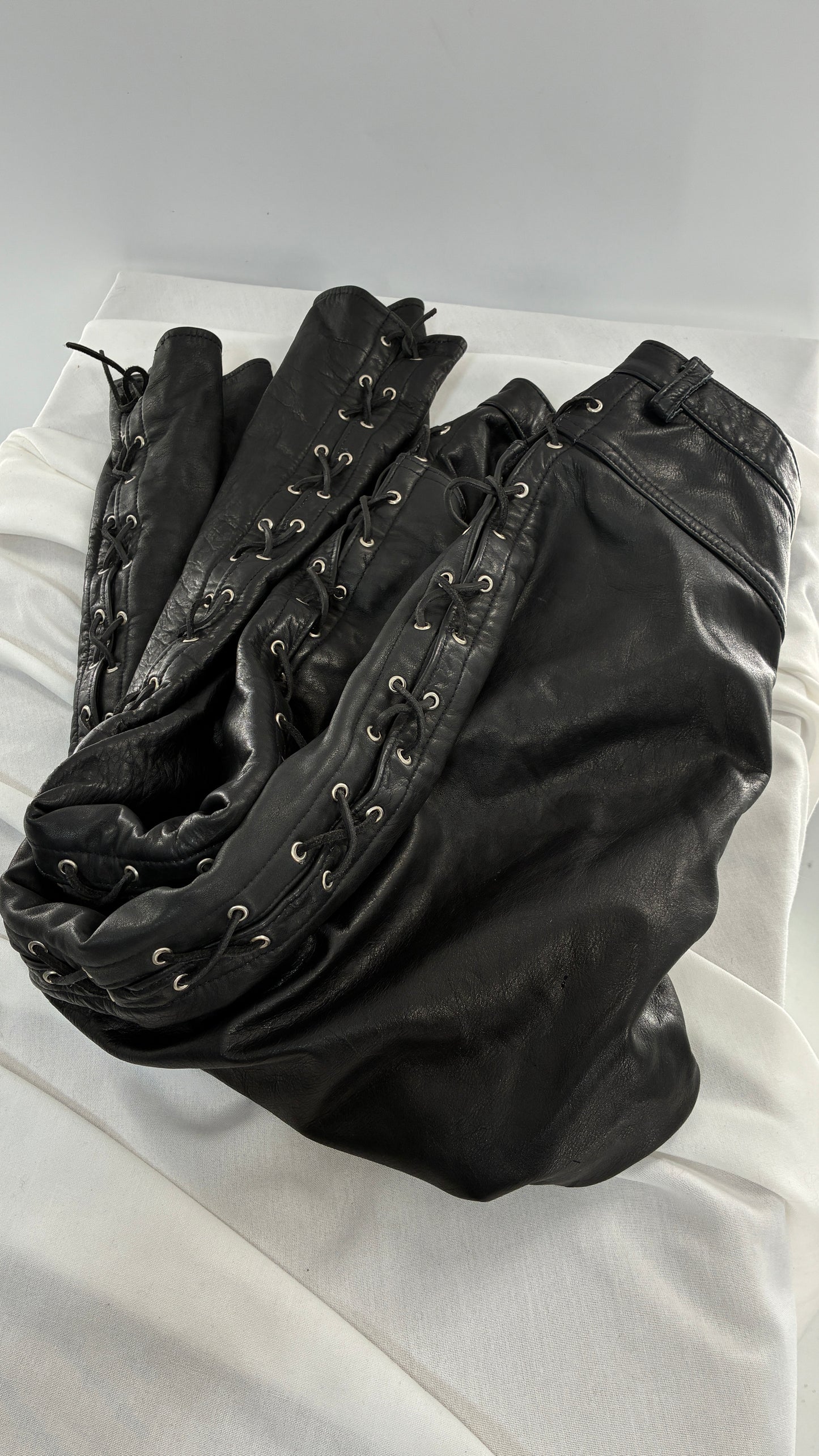 Vintage Thick Ultra Soft Black Leather Pants with Tie Up Sides (Medium)