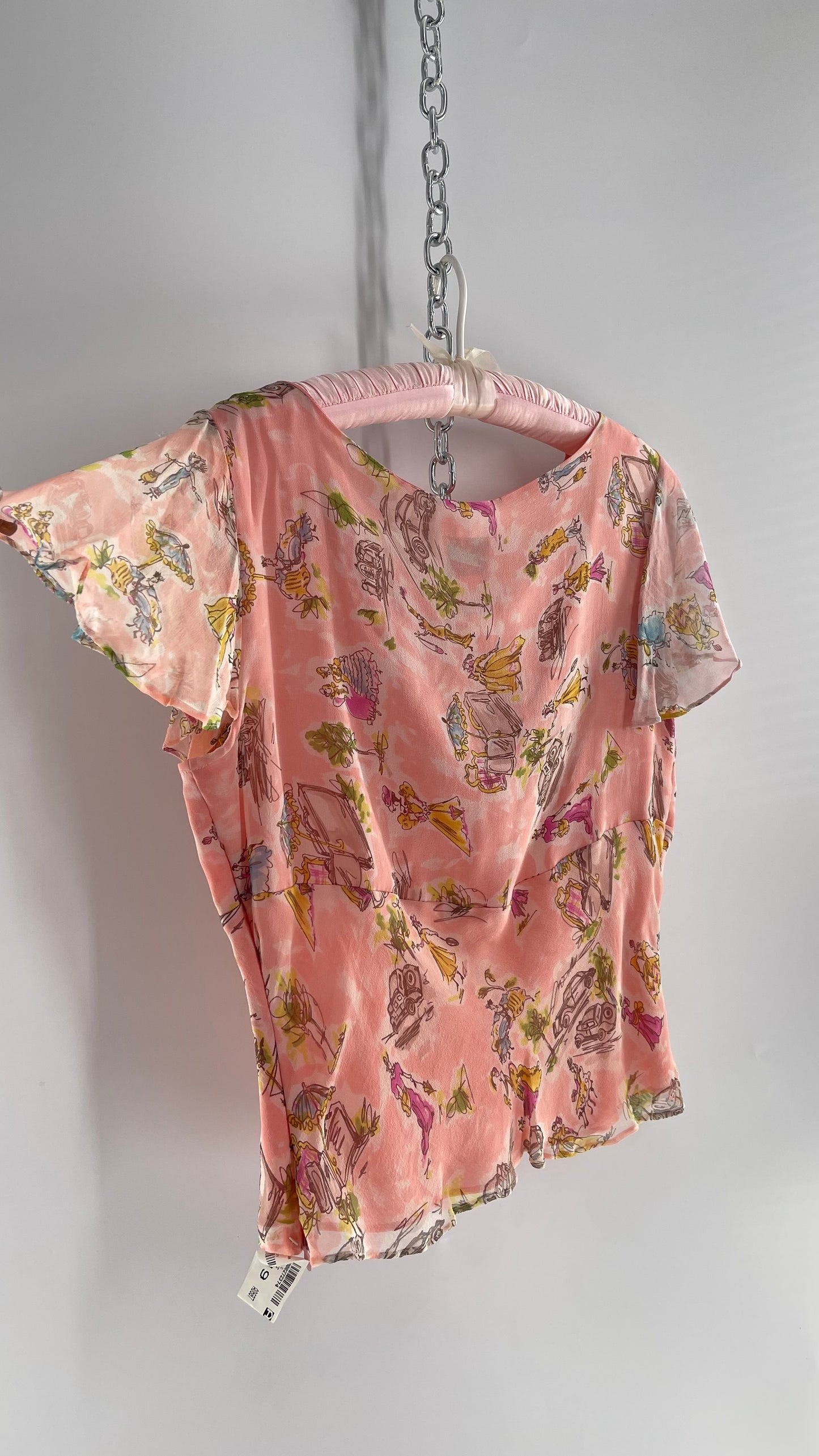 Vintage 1990s RARE i(E Femme Sketch 100% Silk Pink Blouse with Rosette Bust Detail (Large)