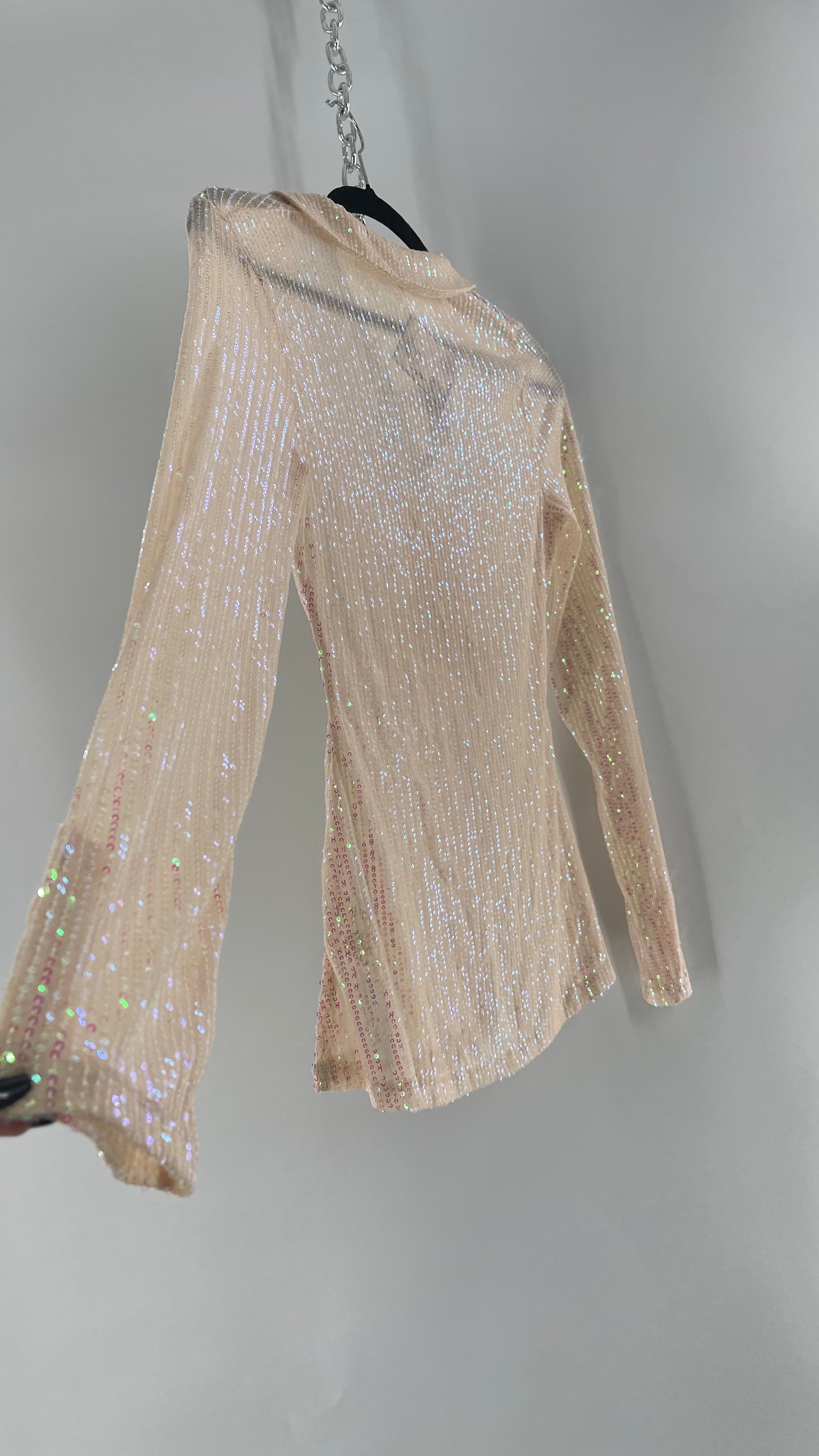 Free People Iridescent Sequined Button Front Ruched Bust Blouse with Tags Attached (Small)