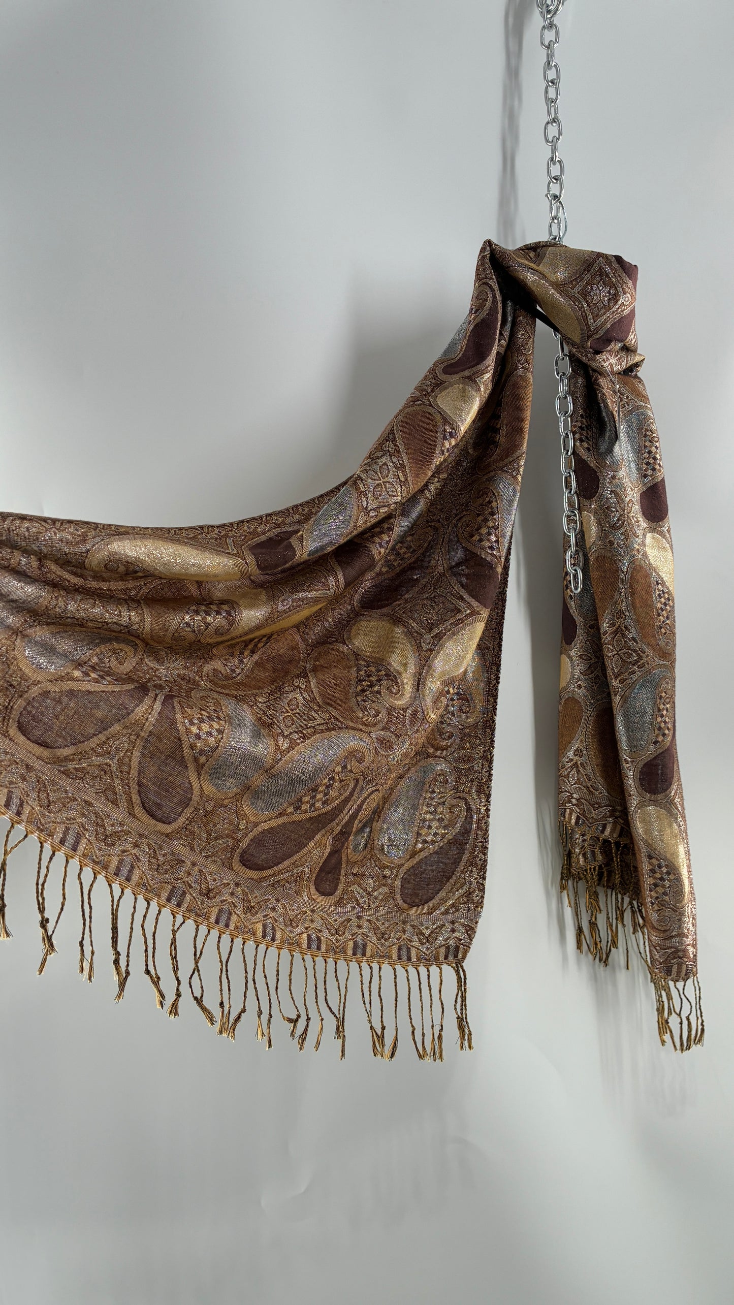 Vintage Paisley Metallic Knit Bronze and Silver Scarf