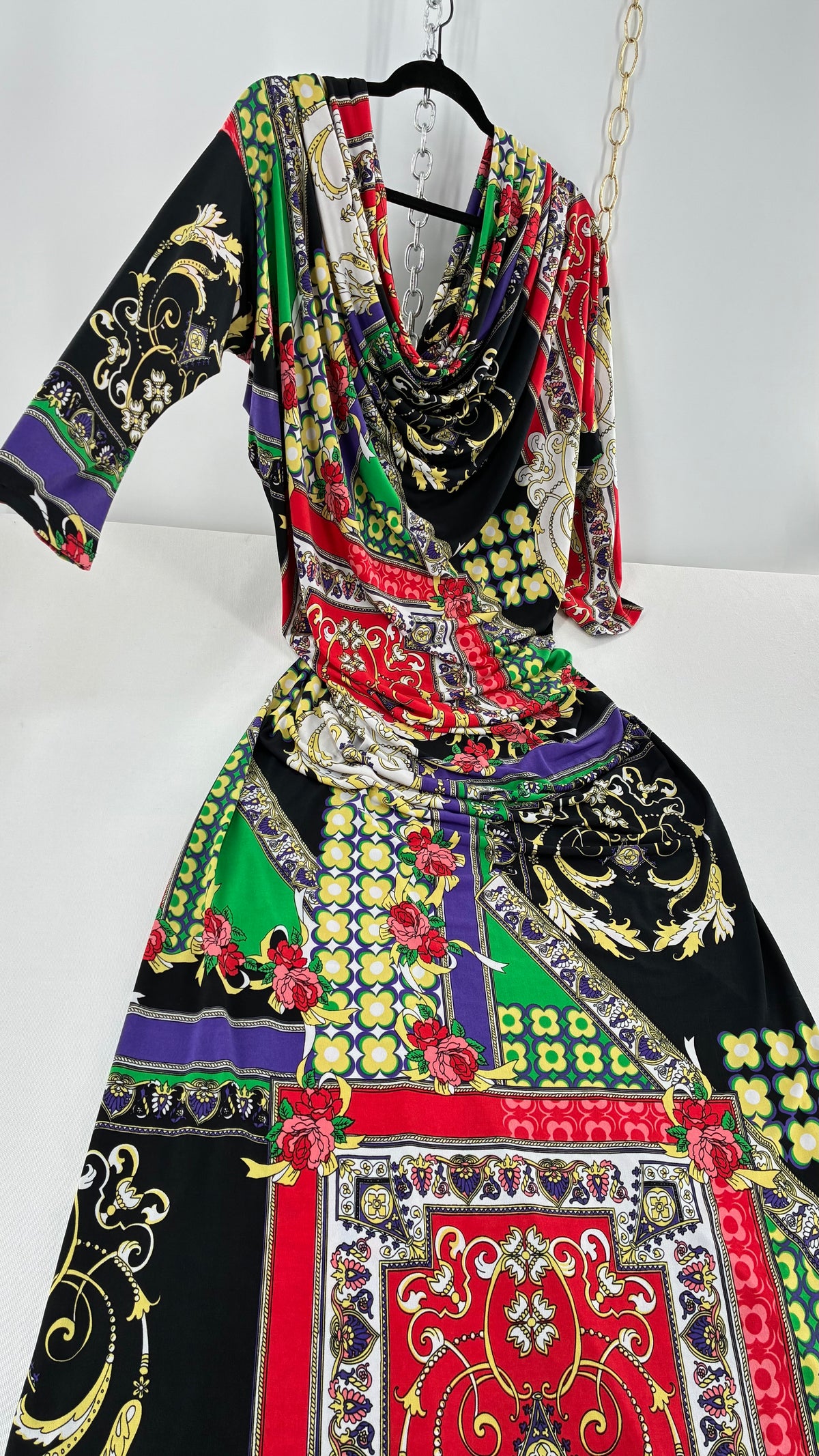 Vintage SEXY DIVA Drape Neckline Full Length Baroque Scarf Print Dress (Large)