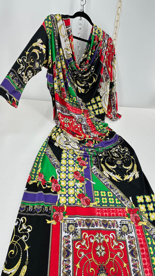 Vintage SEXY DIVA Drape Neckline Full Length Baroque Scarf Print Dress (Large)