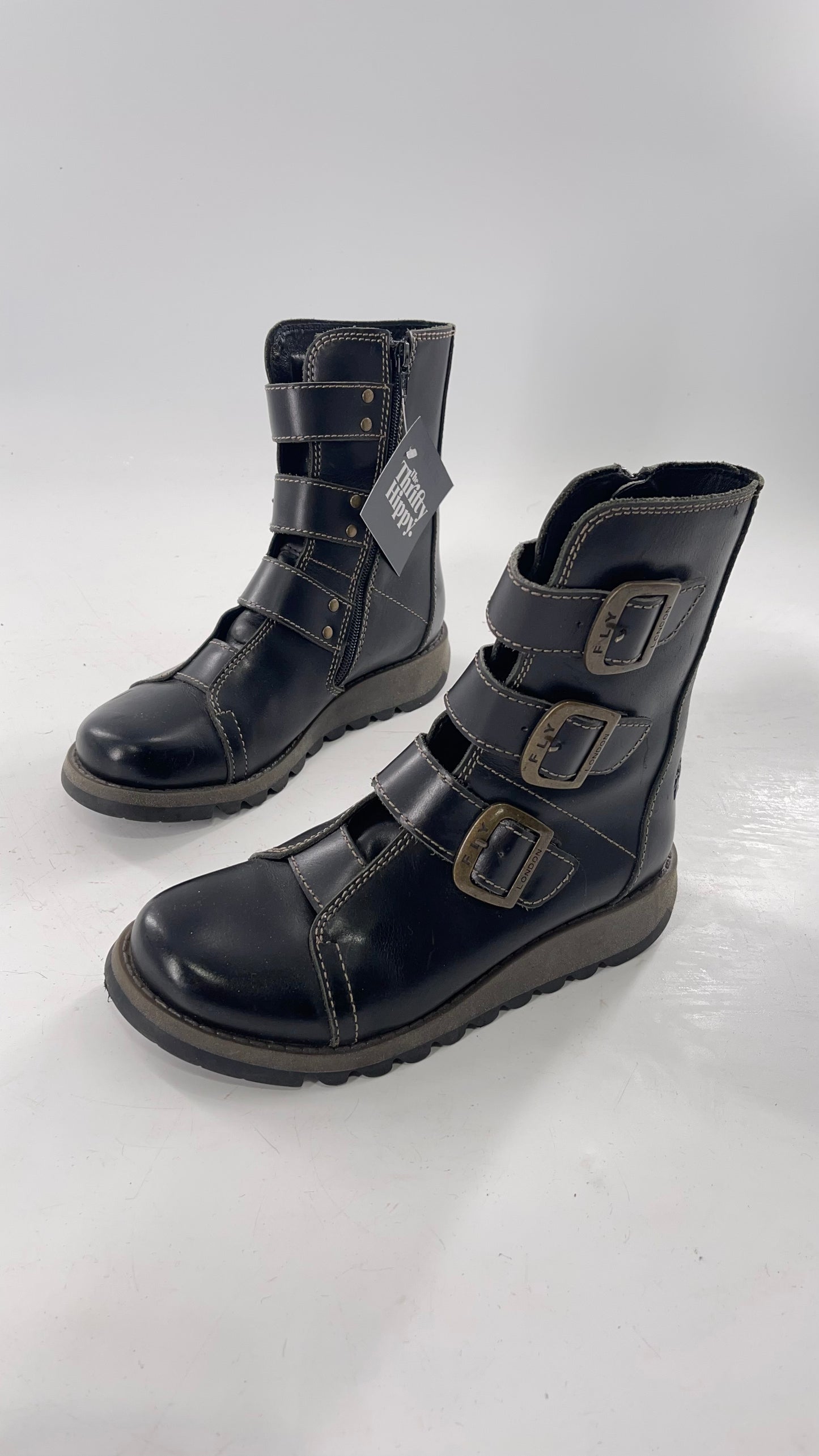 Fly London Black Zipper Side Biker Boot with Oversized Brass Buckles (38)