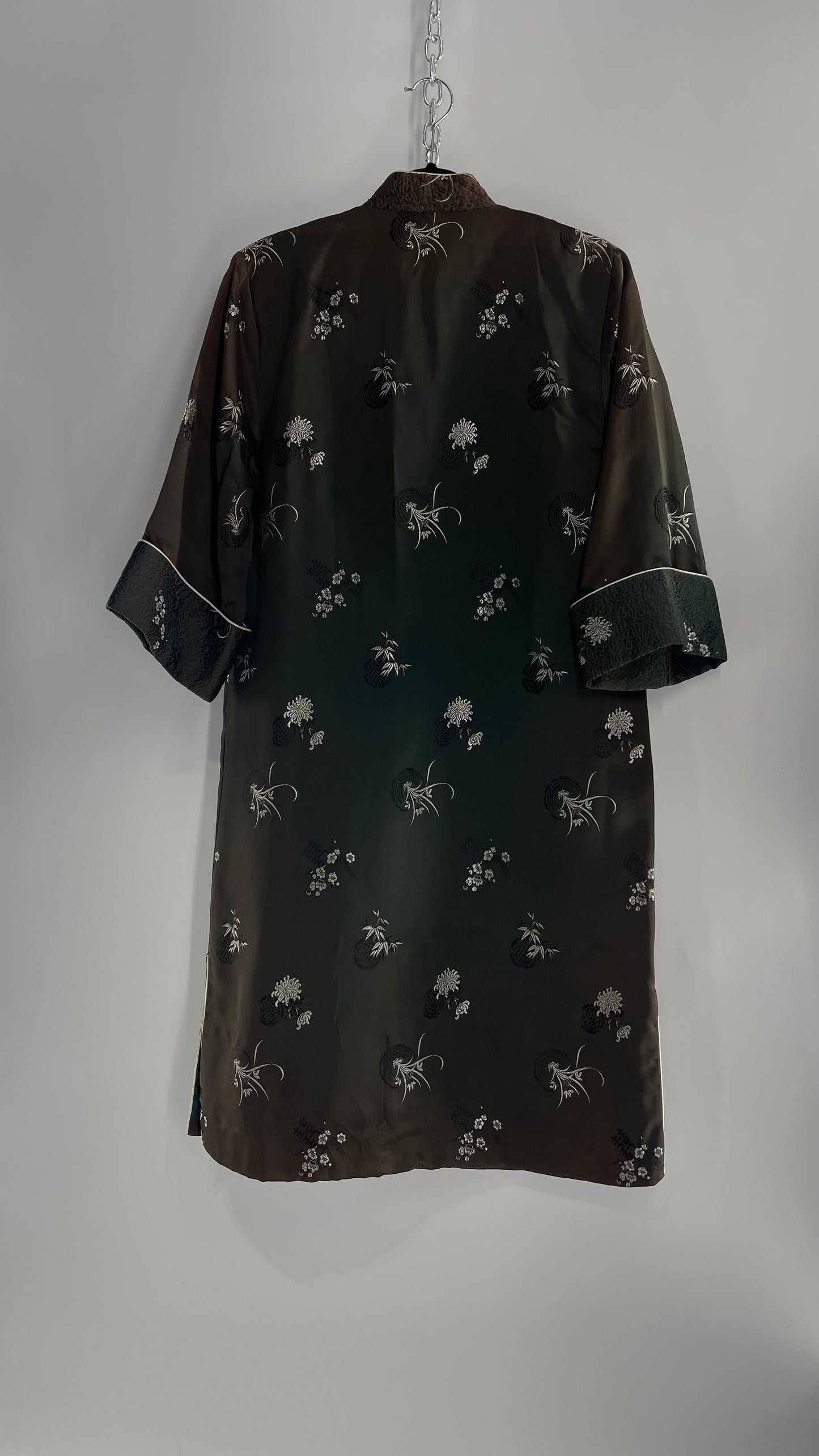 Vintage Hong Kong, Hand Made, Dark Green Silk Kimono Coat/Smoking Jacket (38)