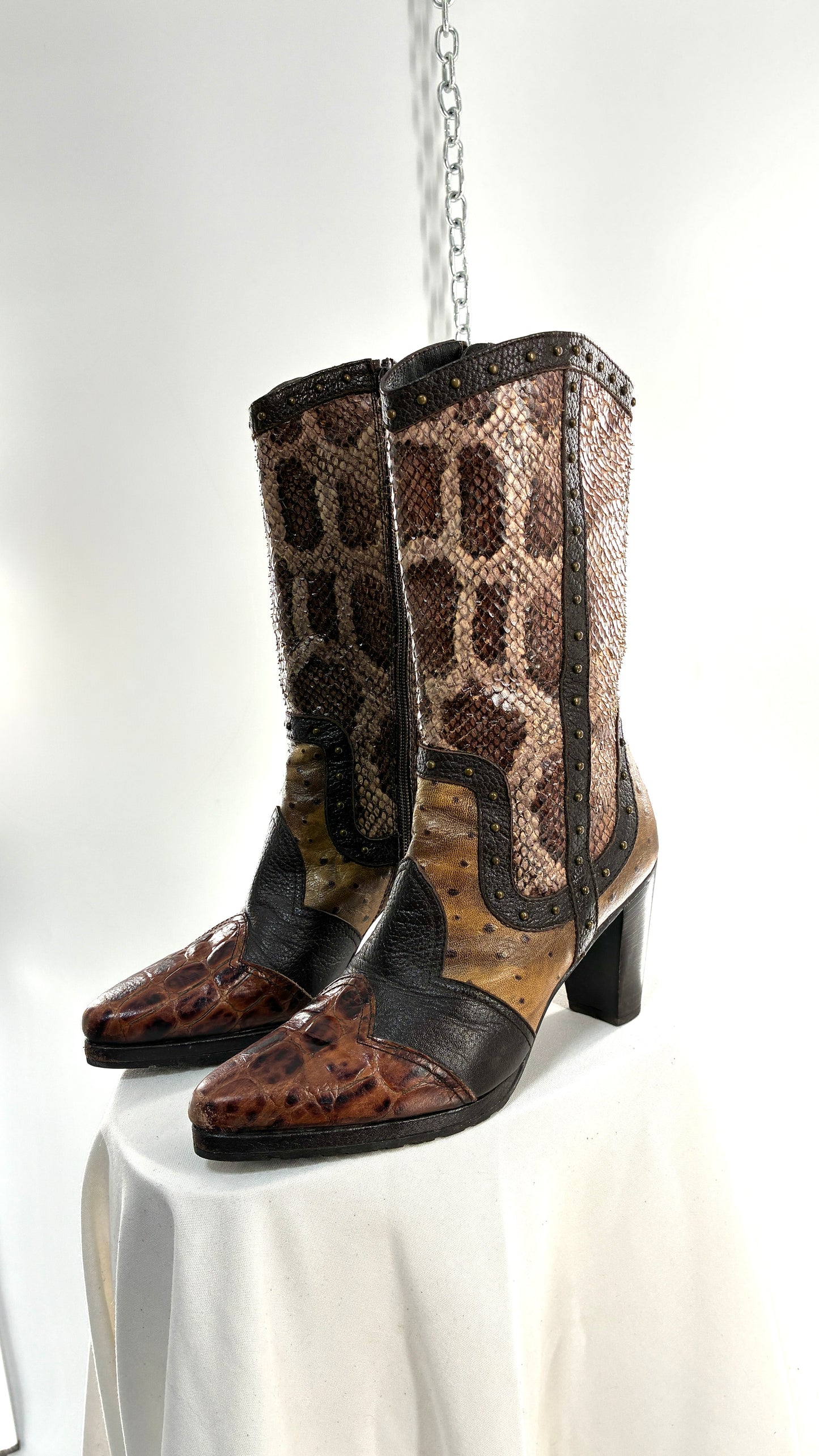 Vintage STUART WEITZMAN Stampede Boots Ft Snake, Crocodile and Ostrich Embossed Leather (8.5)