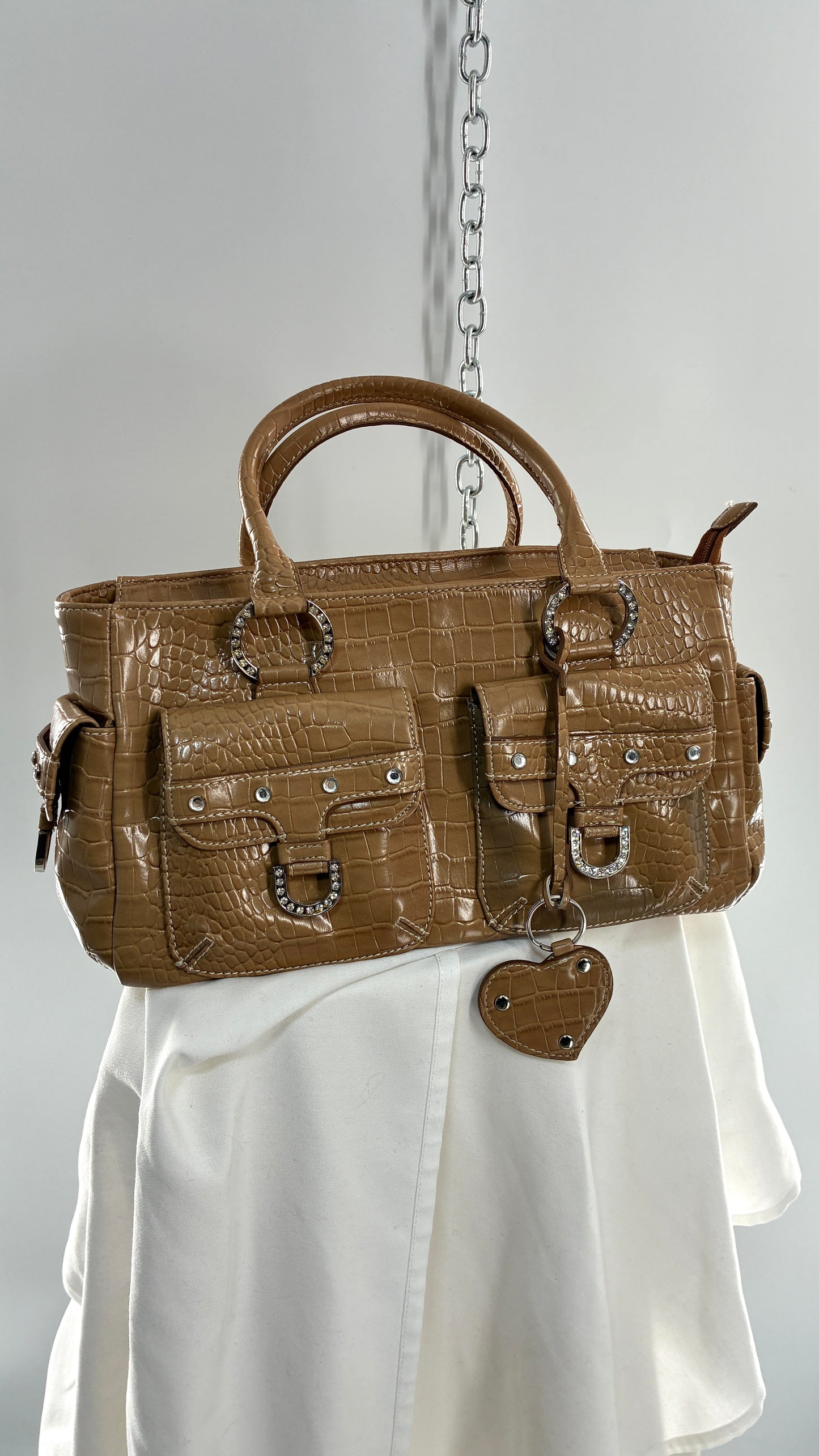 Vintage VALERIE STEVENS Crocodile Embossed Tan Shoulder Bag with Rhinestones and Heart Charm