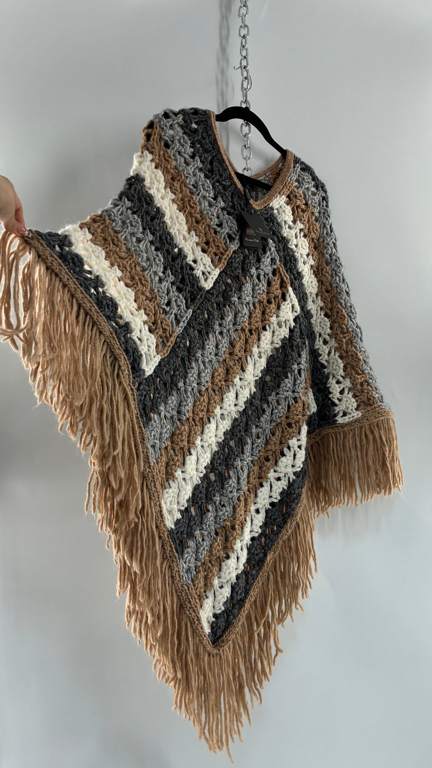 MASSIMO DUTTI Neutral Fringe-lined, Knit Poncho with Tags Attached (Small)