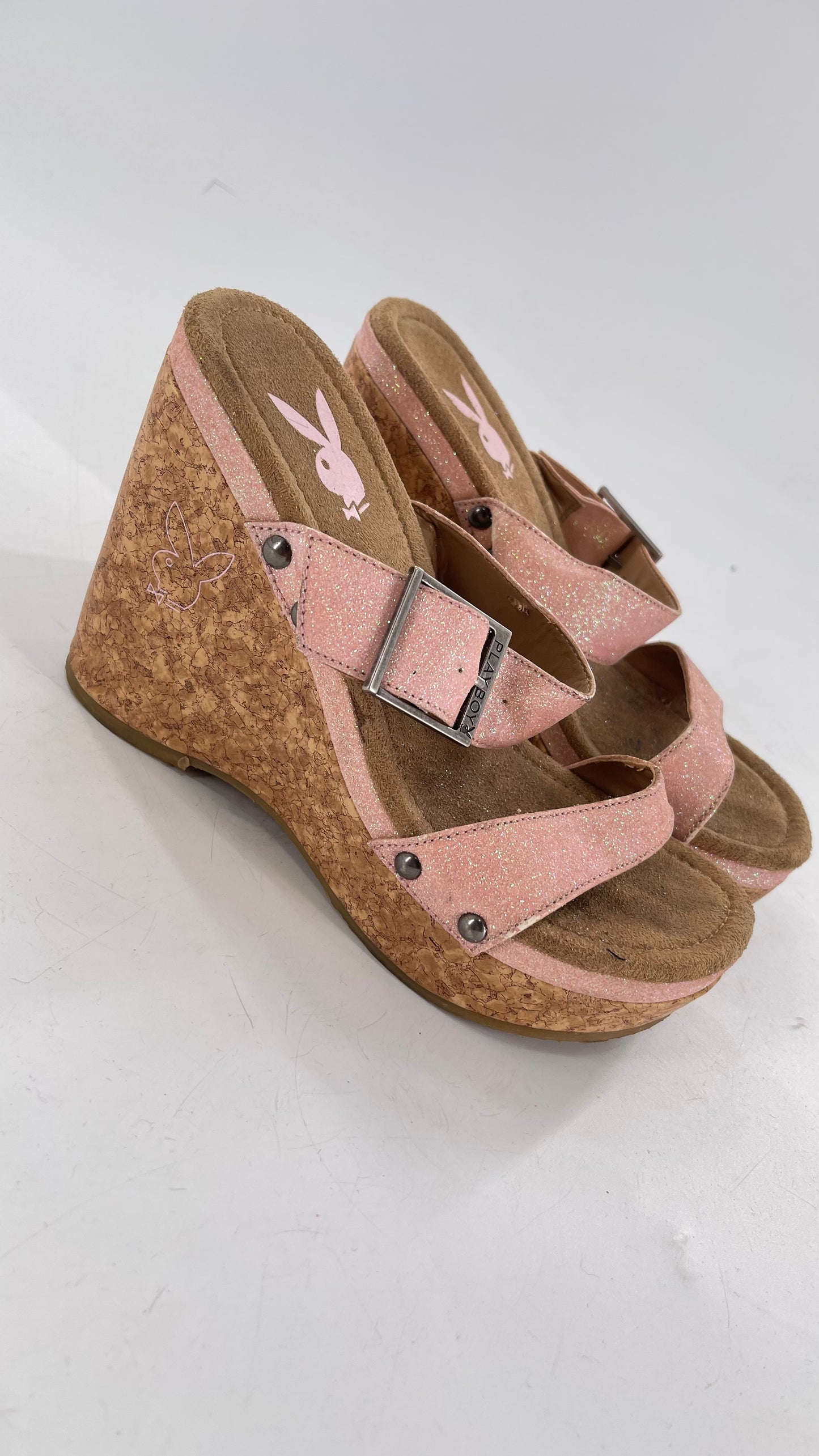 Playboy Pink Glitter Wedge Heel with Cork Heel and Playboy Engraved Buckle (6)