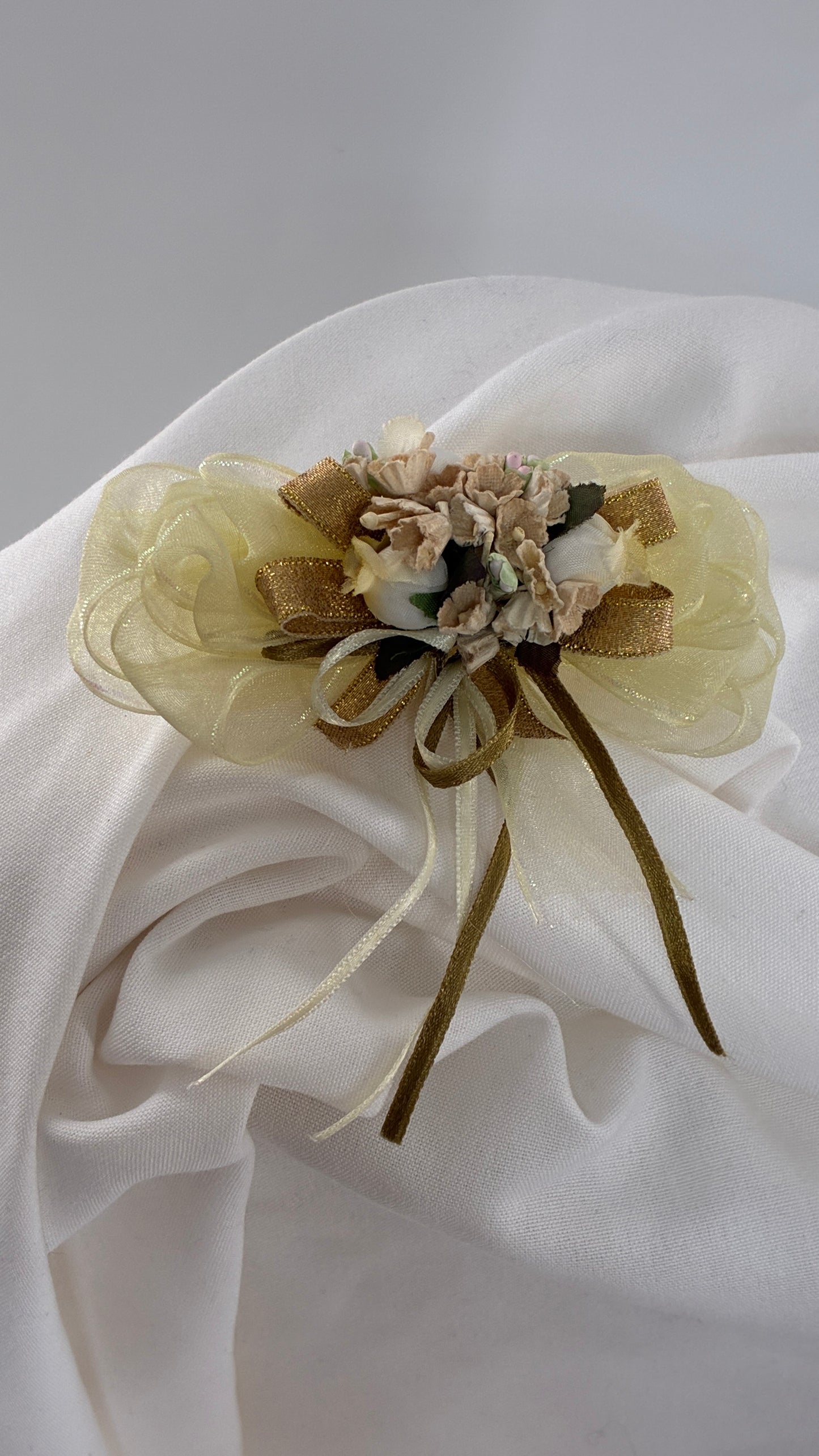 Vintage Baby Yellow Bow Pin Brooch with Ribbon, Handmade fabric flowers and Bows