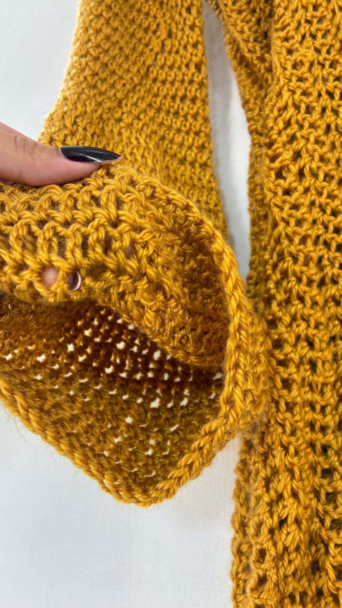 Vintage AUDRIE DESIGNS Mustard Crochet Bell Sleeve Duster Sweater Gown, Hand Knit  (OS)