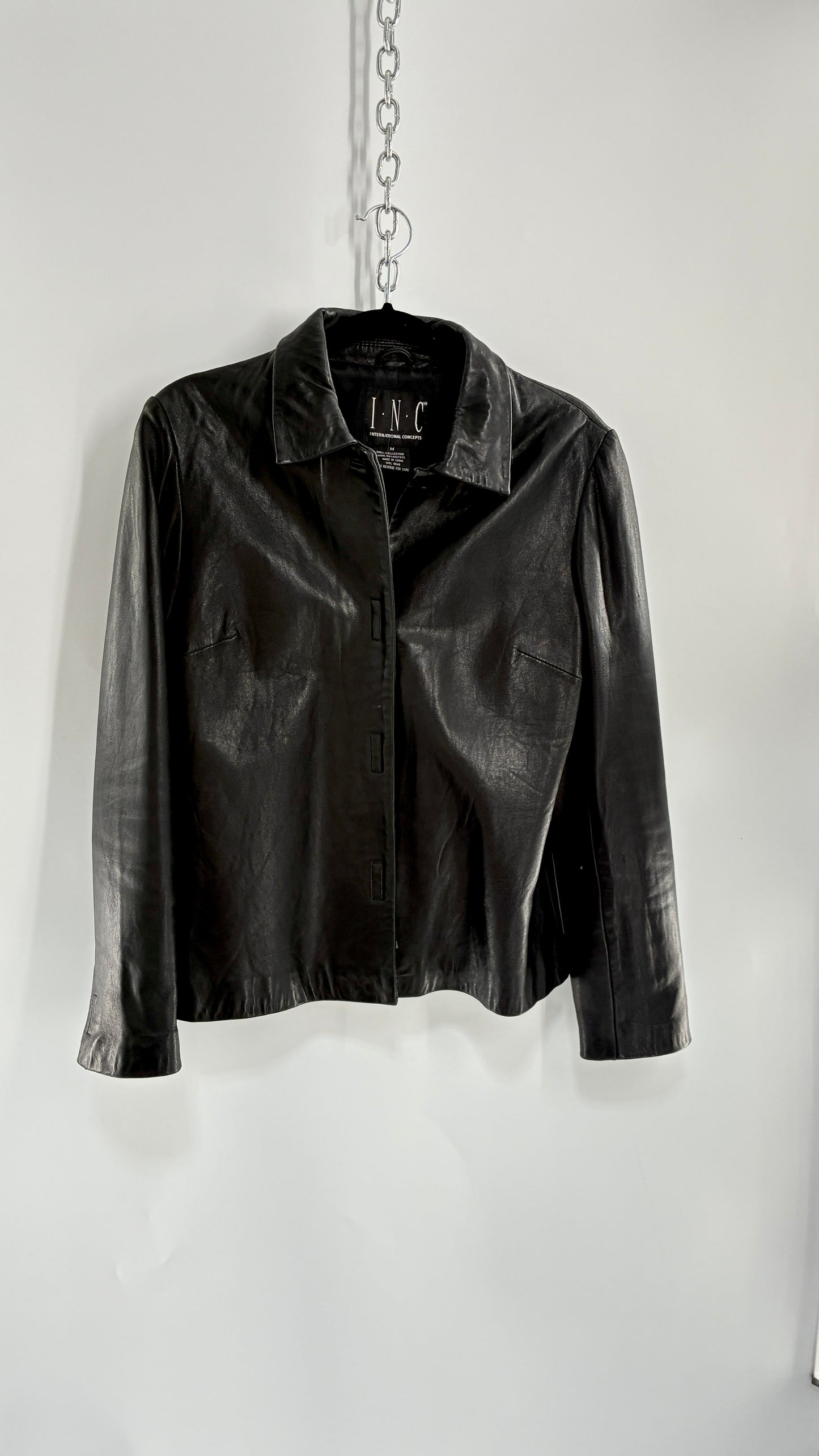 Vintage INC 1990s Black Genuine Ultra Soft Leather Collared Jacket with Velcro Closure Never Worn (Medium)