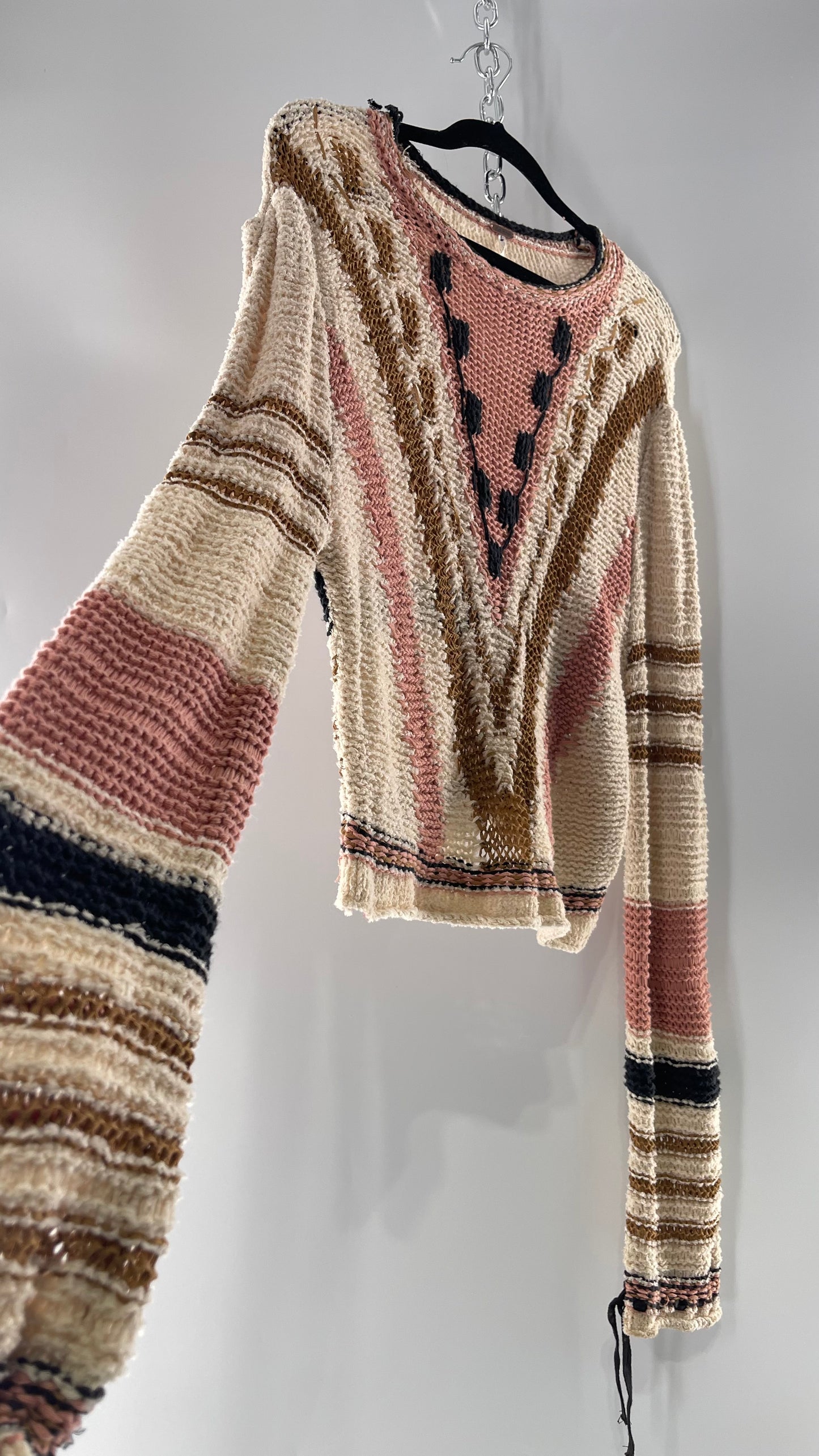 Free People Beige Slouchy Sweater with Dusty Pink, Tan and Black Striping Detail (Medium)