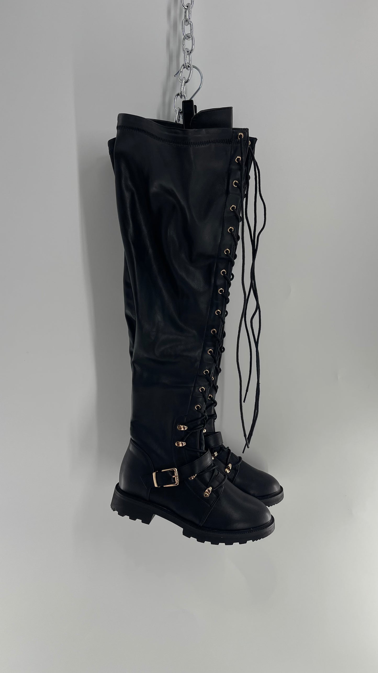 Shoedazzle Black Tall Boots with Gold Hardware (7)