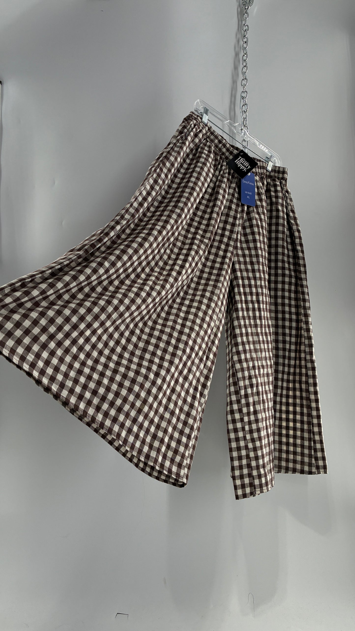 Wide Leg Brown Gingham Picnic Pants (XL)