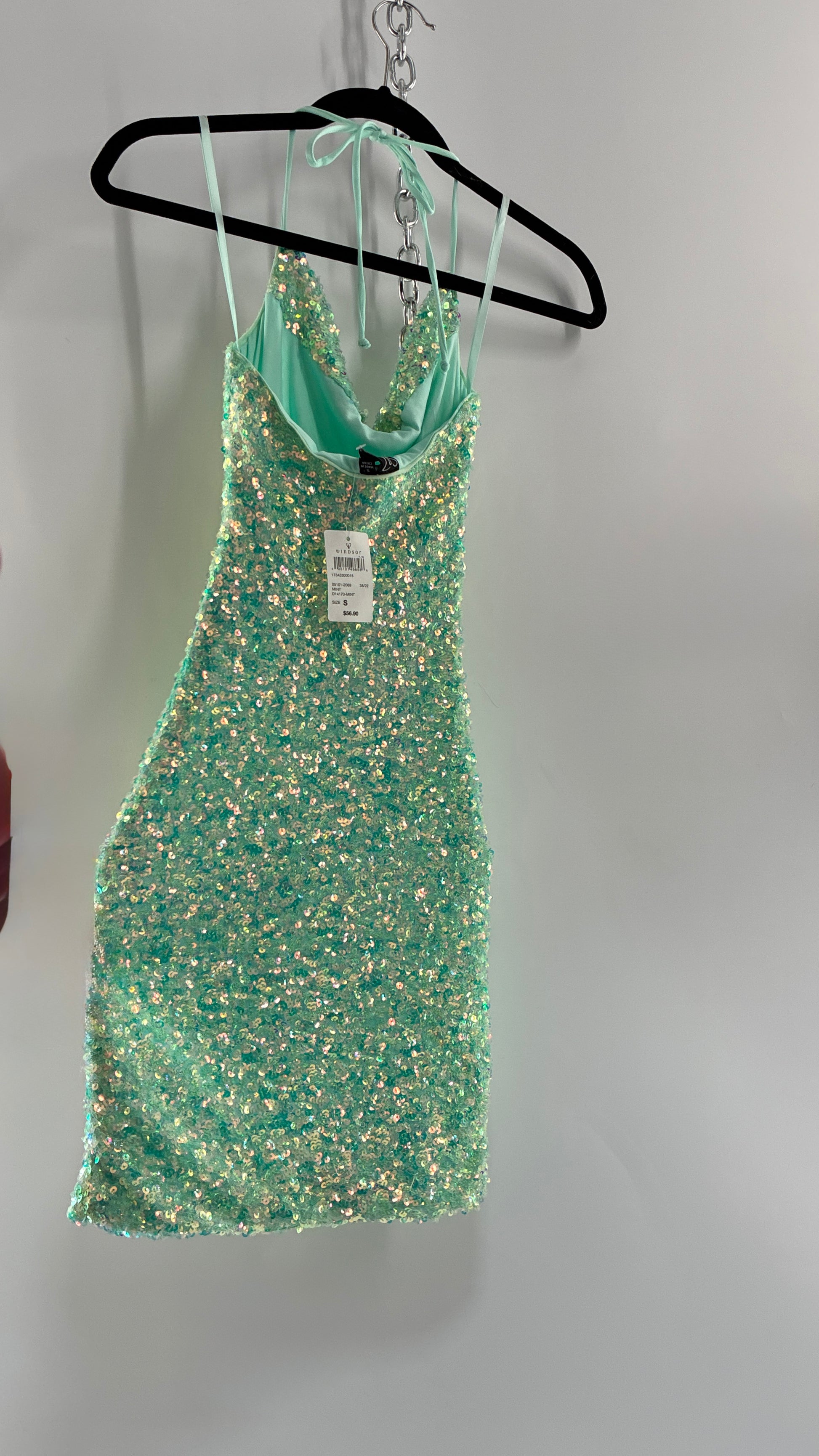 WINDSOR Aqua Blue Sequin Mini Dress with Draping Bustline and Tags (Sm – The Thrifty Hippy