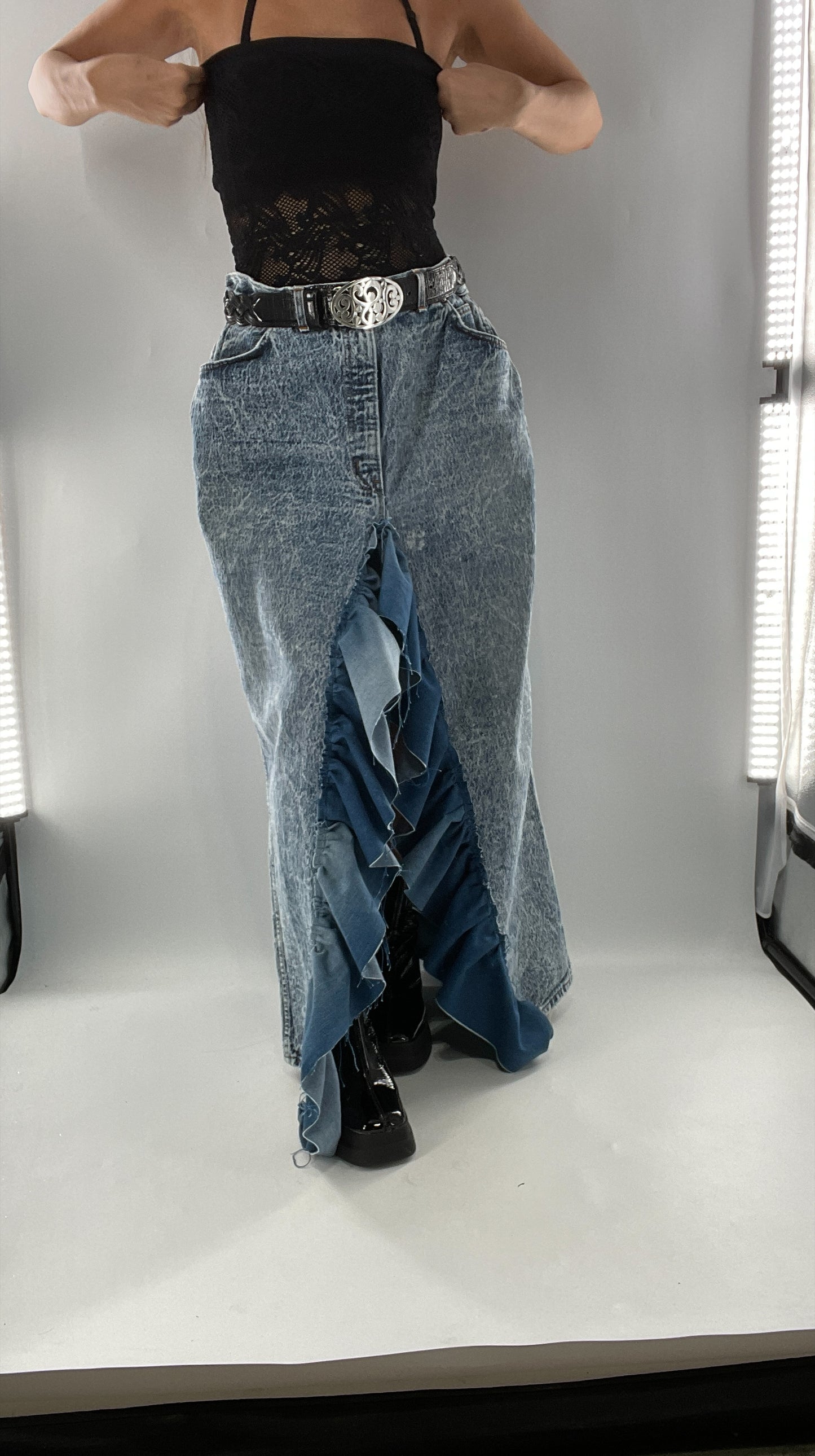 Custom Handmade Acid Wash Denim Slit Front Ruffled Skirt with Bow Bum (Large)