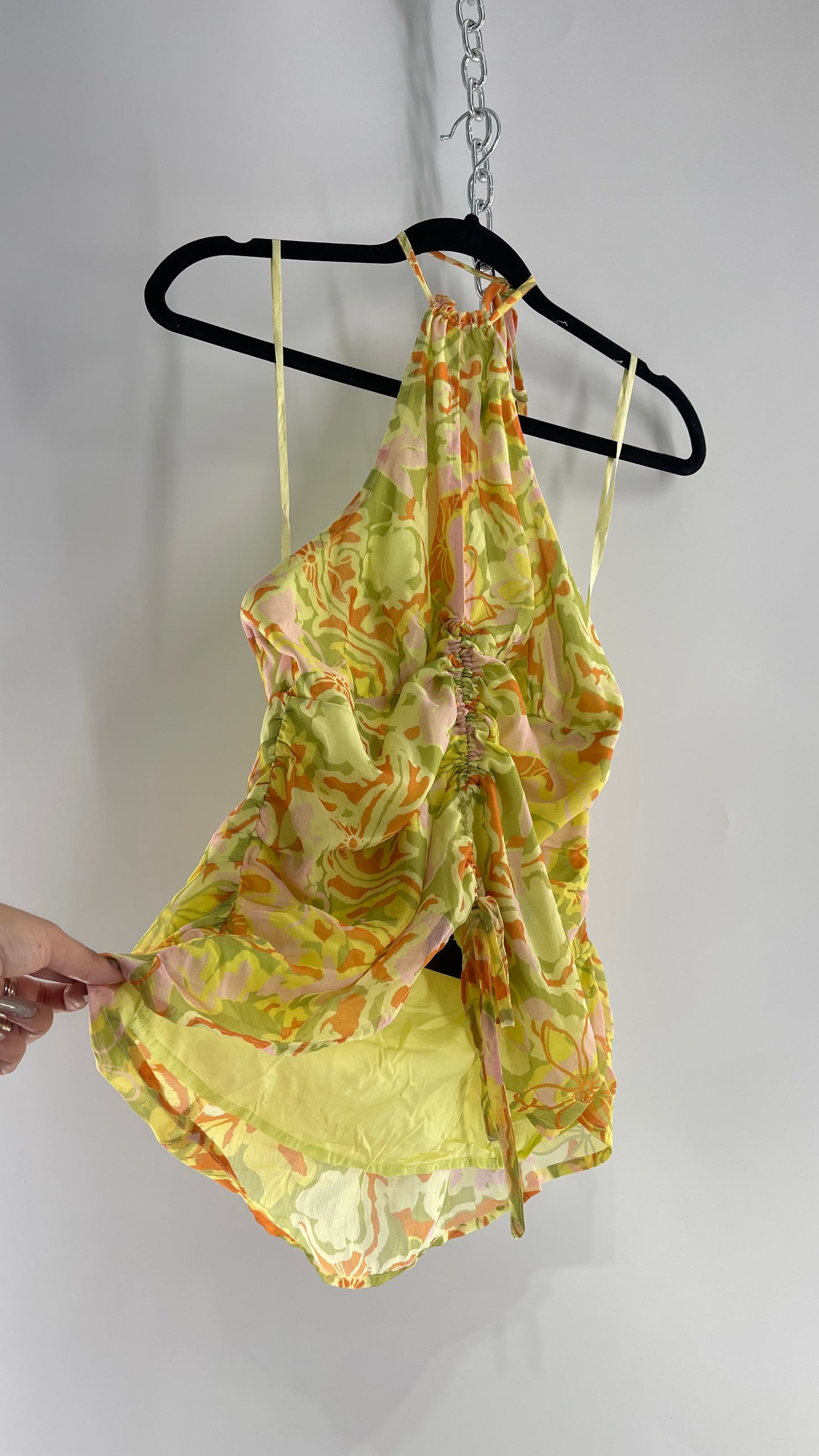 Free People Lime Green and Yellow Ruched Blouse with Cut Out Bust, Adjustable Scrunched Torso and Tie Neck Tank (Large)